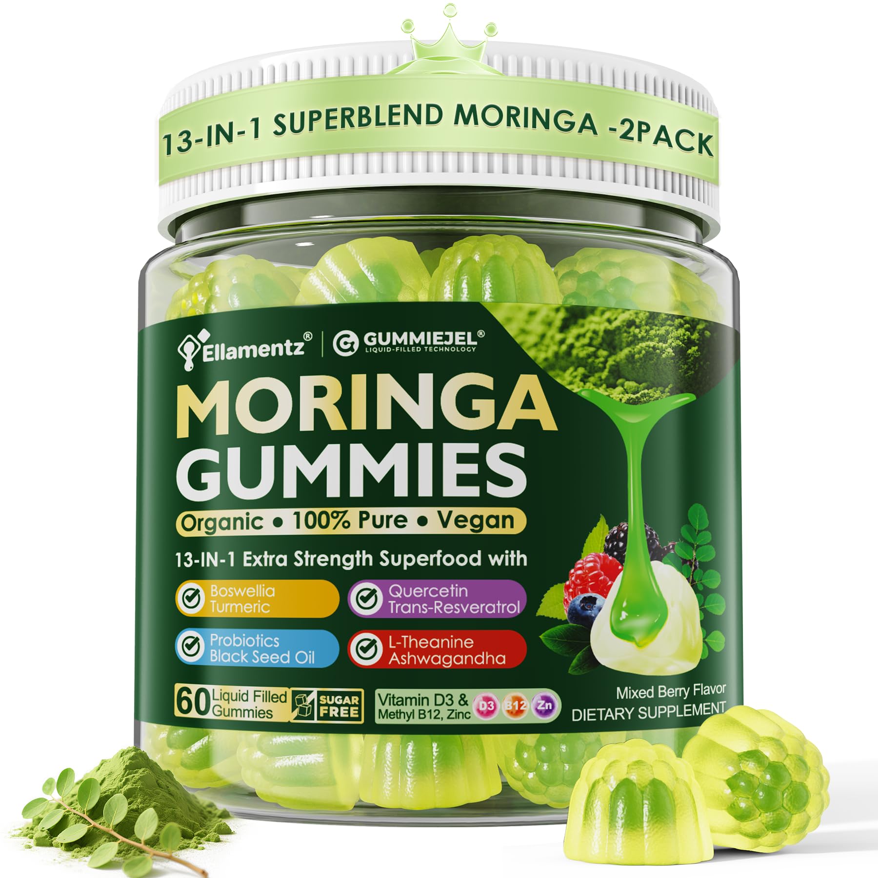 Moringa Gummies 1000mg for Women & Men, Supergreen Gummy, Sugar Free, 2Pack 60 Count (Pack of 2)