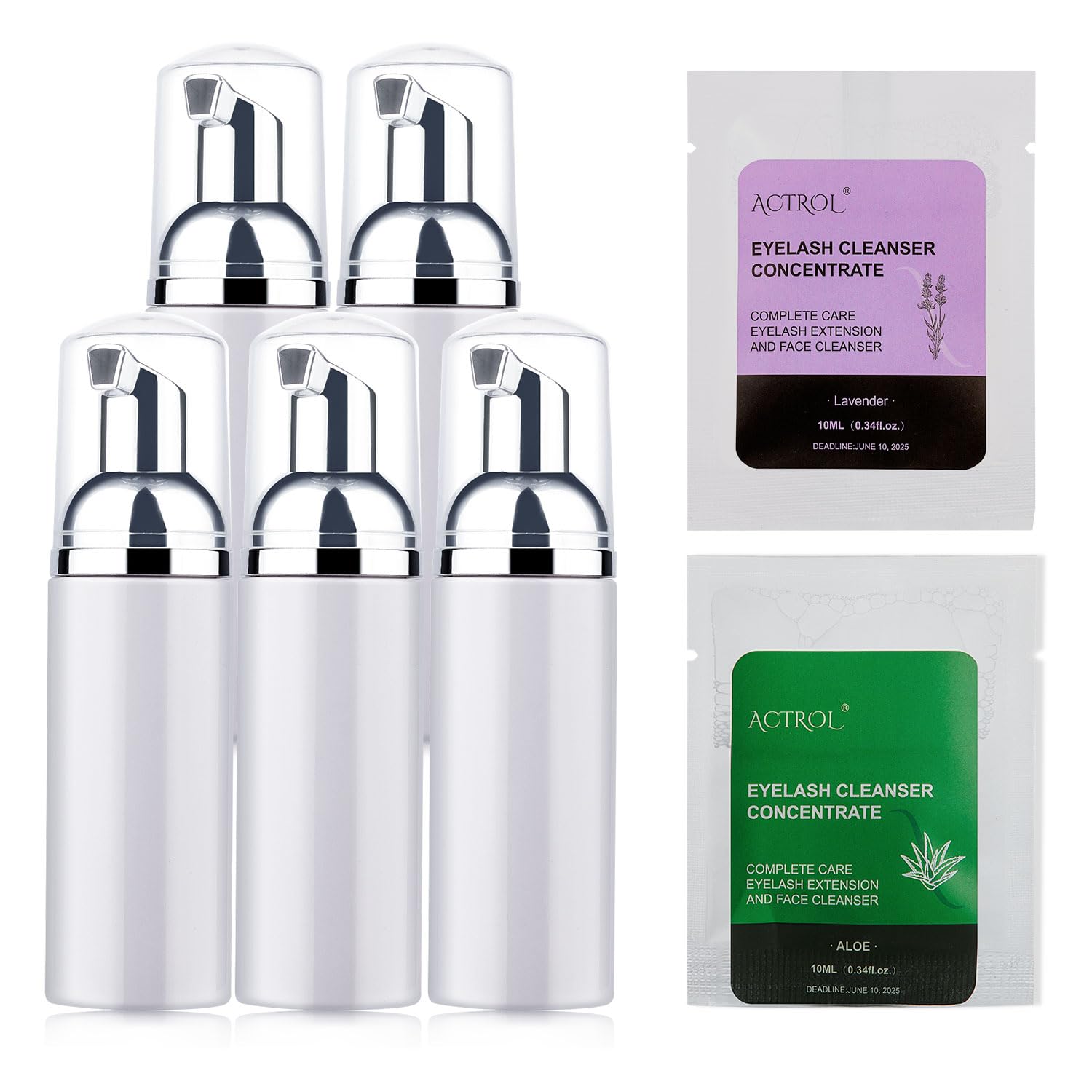 ACTROL Lash Shampoo Concentrate Kit Eyelash Foam 60ml 5Pcs Foam Pump Bottle 10ml Eyelash Cleanser Concentrate Bag 10ml Lash Soap Bottle Travel Refillable Plasitc Bottle