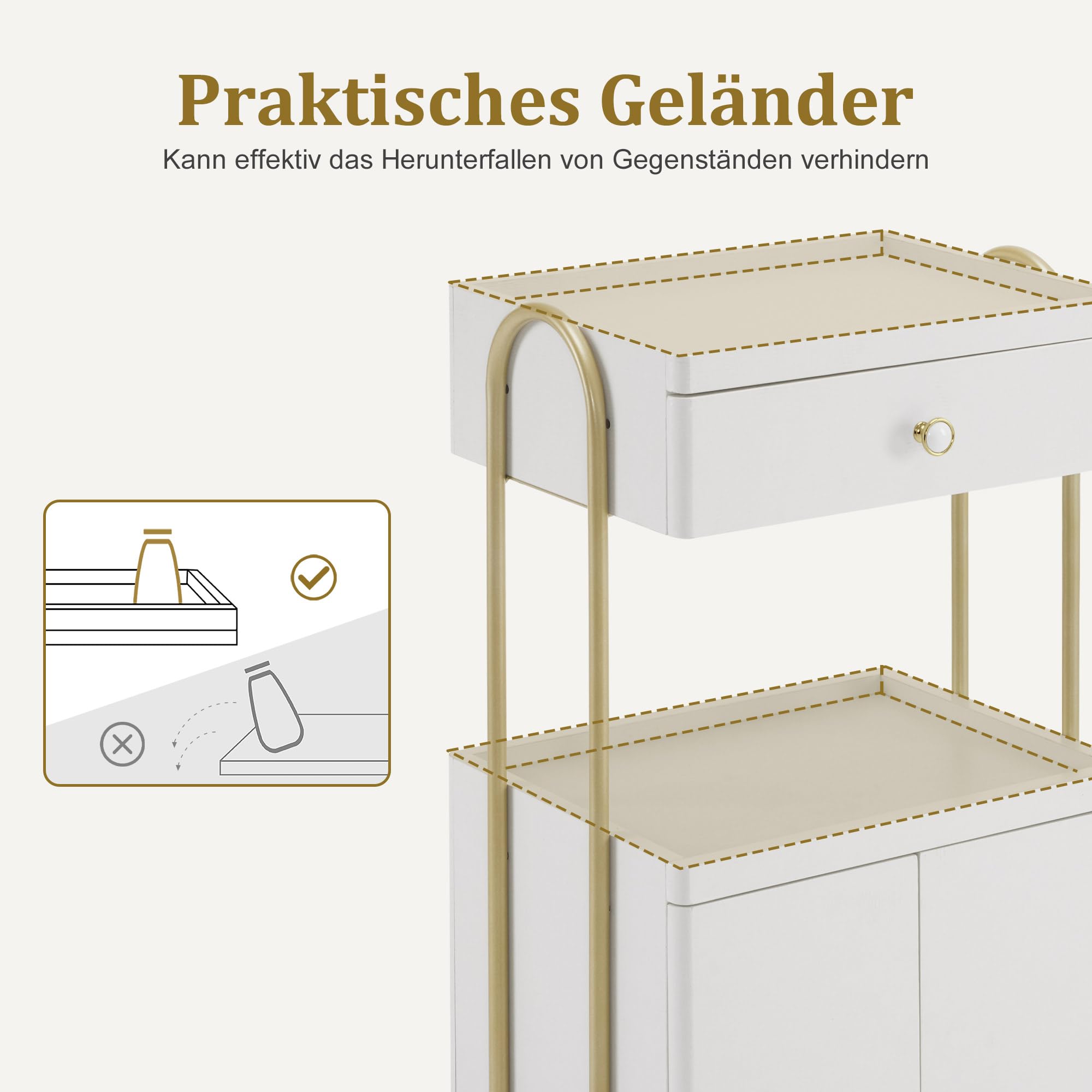 M MCombo Servierwagen mit Rollen & Schublade, Rollwagen Friseurwagen Weiß-Gold, Salon Trolley mit 2 Ablagen und Schrank, Moderner Arbeitswagen für Bad Wohnzimmer, 36x50x87cm, 0086