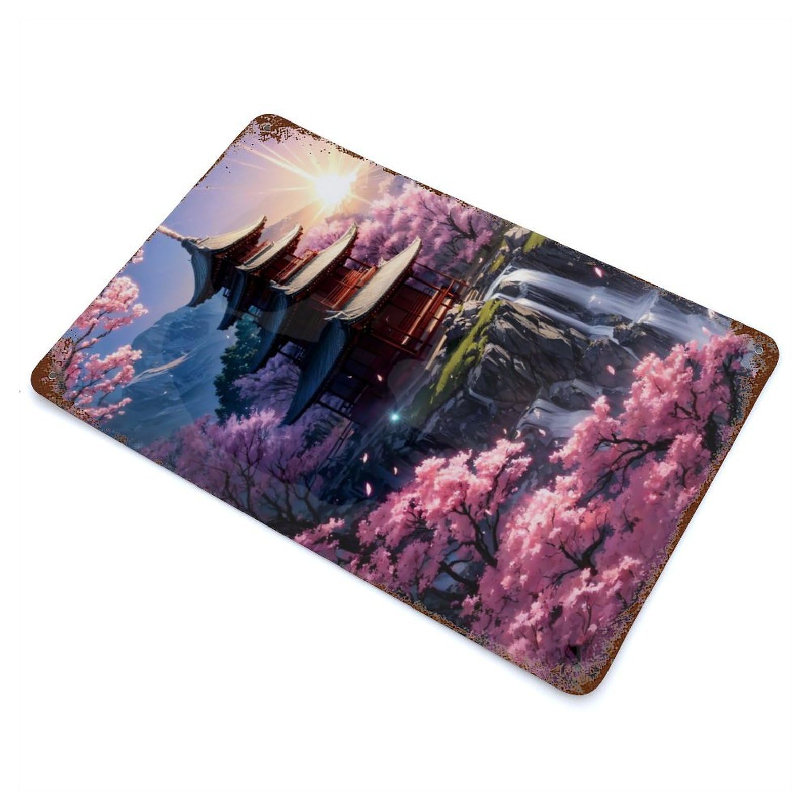 Japanese Shrine Sakura Art Aged Metal Wall Plaque 11.8"x7.9", Ideal for Garage, Bar And Workshop Decor