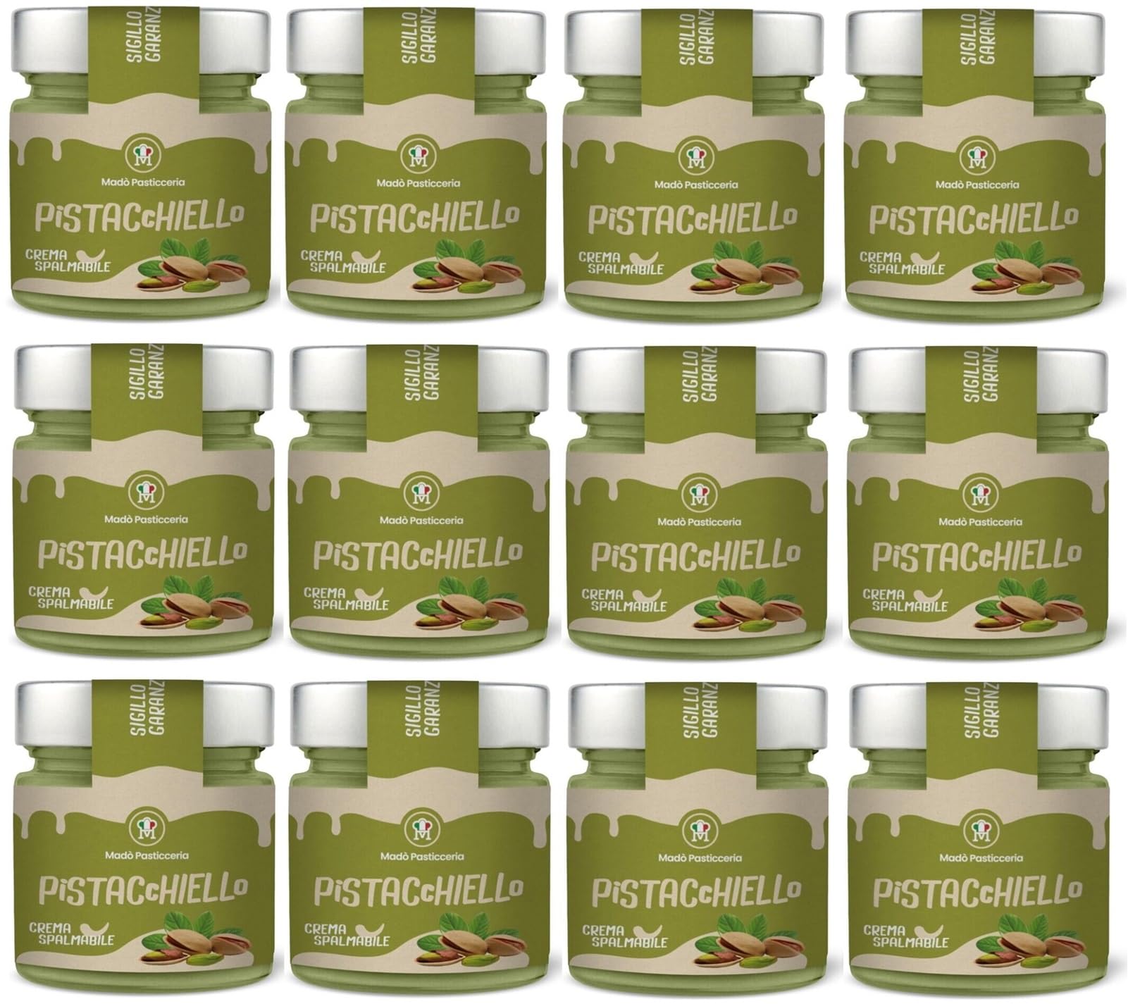 Pasticchiello Pasticchio Lot de 12 pots de 200 g de crème à tartiner Artigianal Crema al Pistacchio Spalmabile Artigianale, crème à tartiner artisanale, goût pistache, 200 g