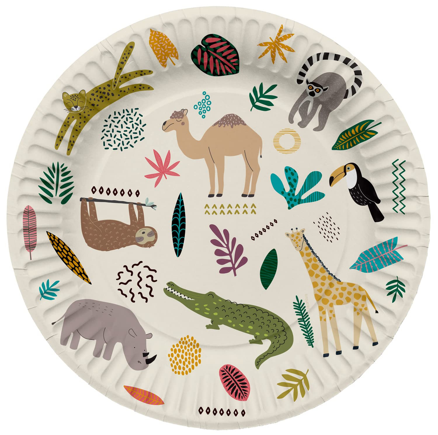 Folat 61929 Paper Tableware Paper Plates Round Diameter Zoo Party 23 cm - Pack of 8 Disposable Tableware Plates for Birthday Party, Baby Shower, Wedding, Bridal Shower, Multicoloured