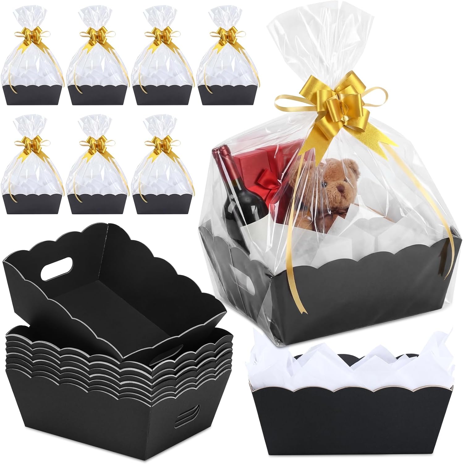 Fuyoooo 8 Pack Baskets for Gifts Empty to Fill, Sturdy 10" x 8" Scalloped Edged Empty Gift Basket Kit Bulk with Handles, 8 Wrap Bags, 16 Tissue Paper and 8 Bows for Wedding Mother's Day Party(White)