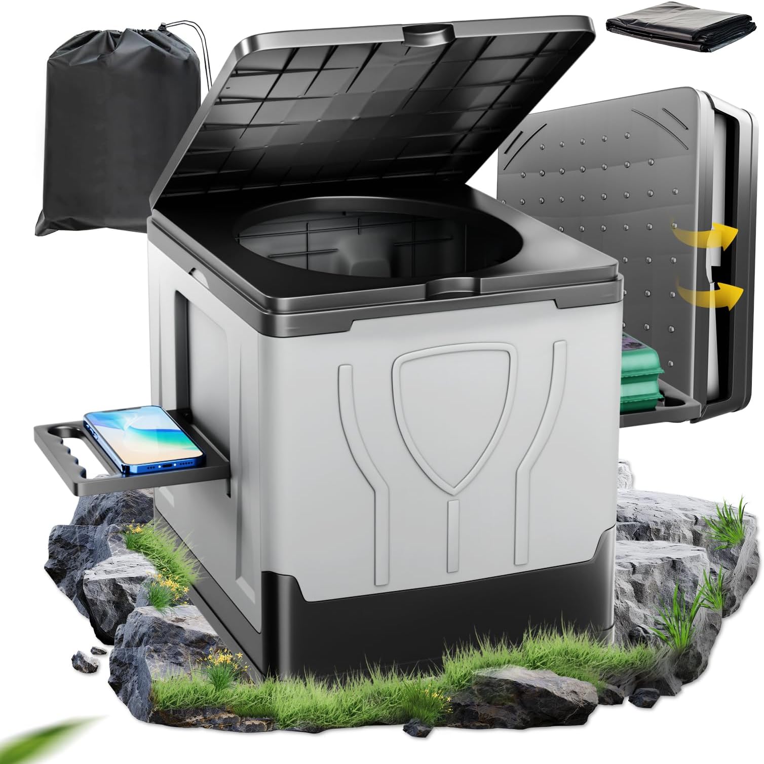 Folding Camping Toilet, Portable Toilets for Adults,Travel Toilet with Paper and Phone Holder, Emergency Toilet with 20pcs Trash Bags, Car Toilet/Campervan Toilet/Fishing Toilet