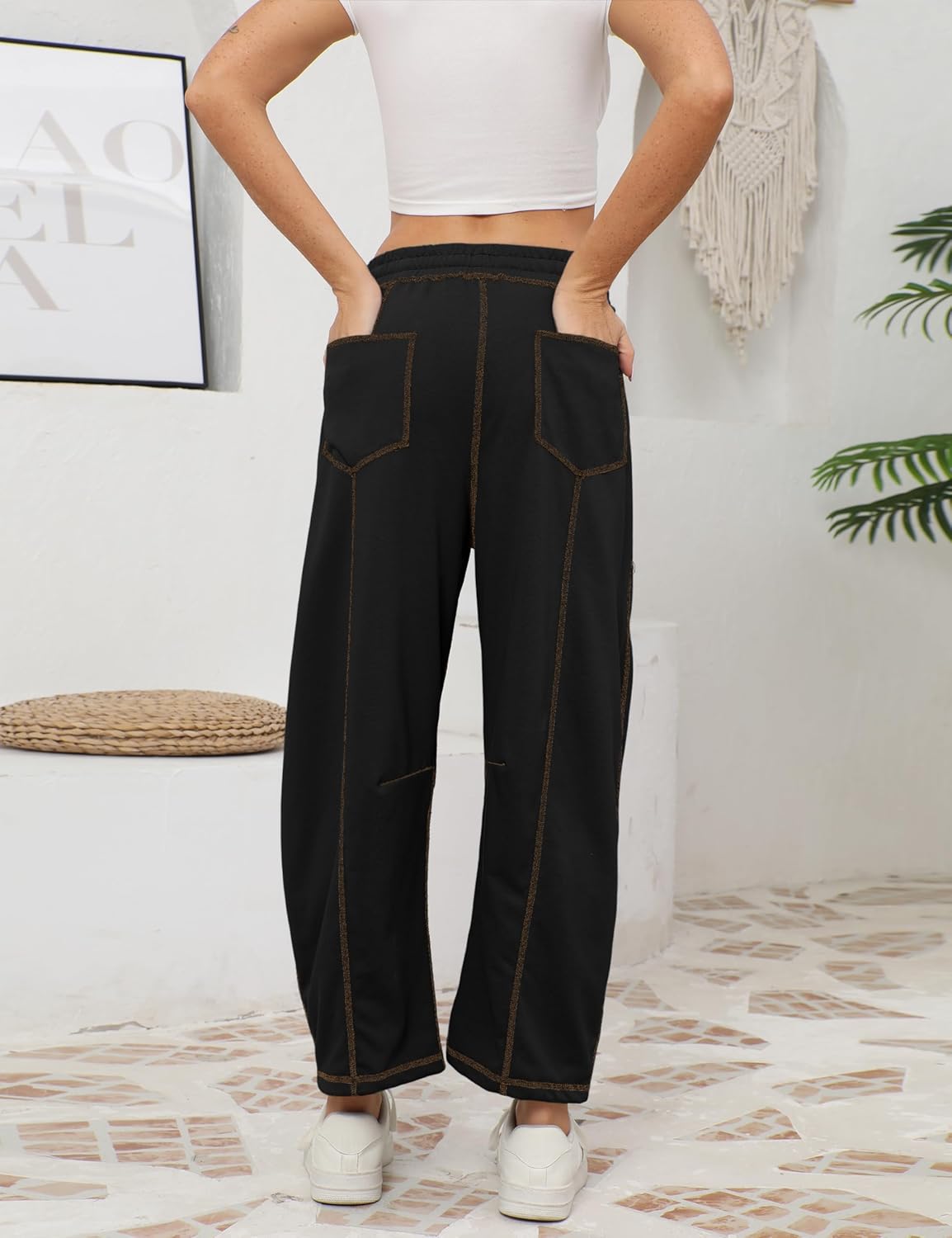 Womens Slouchy Barrel Sweatpants Mid Waisted Wide Leg Pants Drawstring Athletic Baggy Pants Lounge Sweats(Black-L) - Image 5