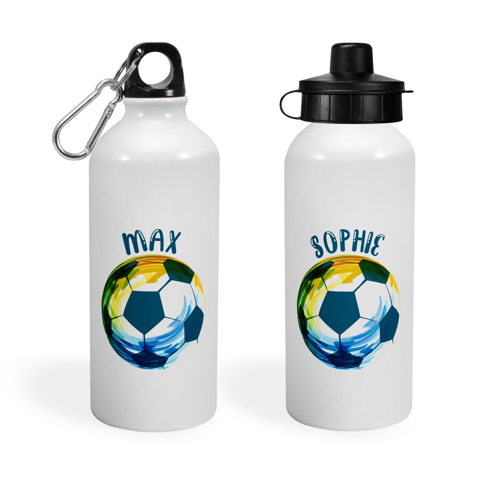 Print Maniacs Personalised Water Bottle School Sport Cap Drink White Silver 600ml or 400ml Aluminium Kid Boys Girls Biking Gift Football (White, 600ml)