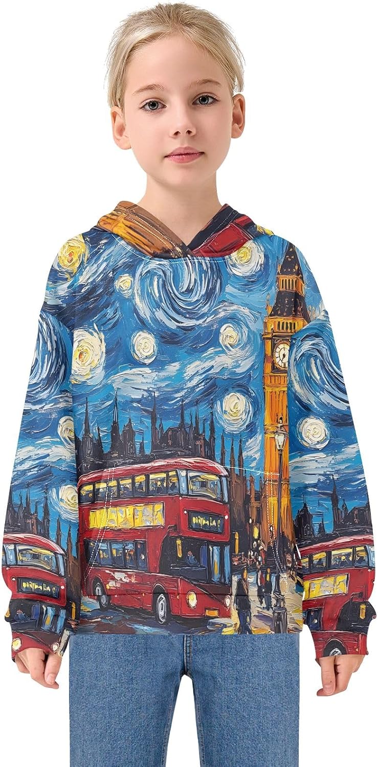 Kids Hooded Sweatshirt London Big Ben Bus Pattern Pullover Hoodies with Pocket
