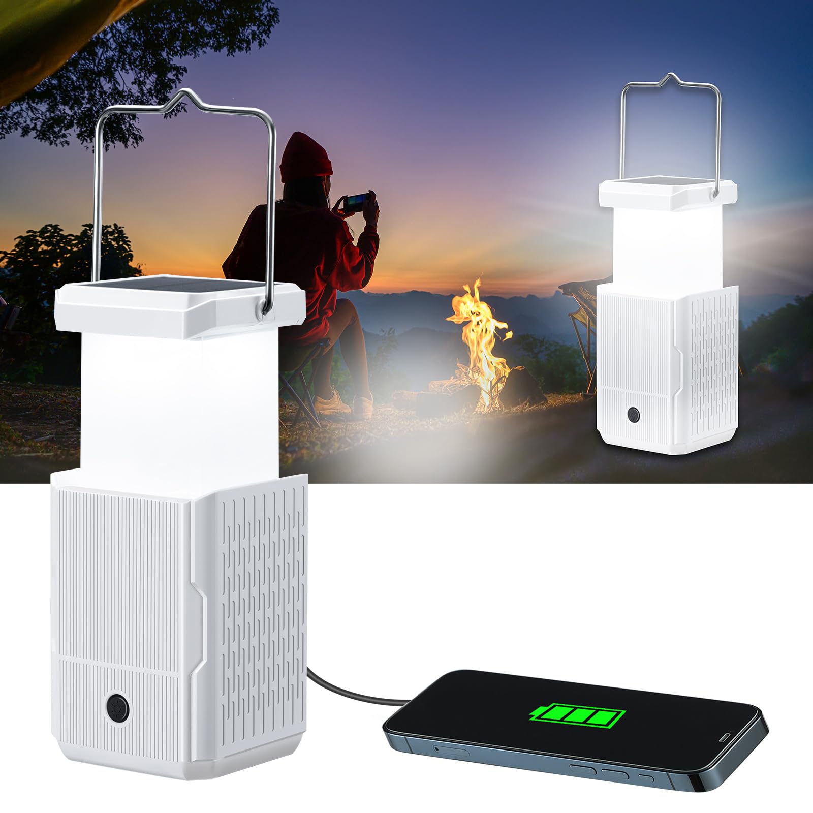 Linterna de camping recargable, manivela de mano y luces solares de camping con salida USB, luces de tienda para camping, lámpara de campamento portátil, esencial de fallo de energía para el hogar