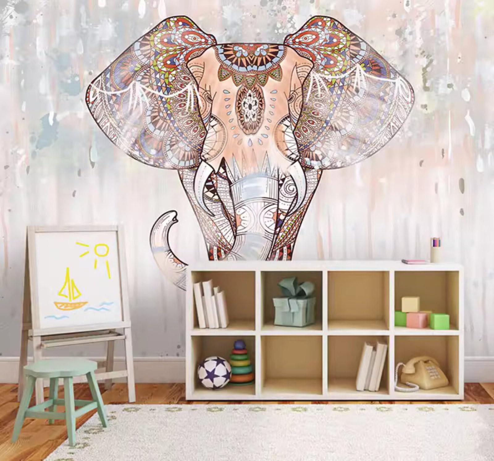 Hand Drawn Abstract in The Rain Elephant Yoga Studio Gym 3D Wallpaper Easy Install Feature Office Living Room Sofa Bedroom TV Background Wall Decoration-250cm×170cm