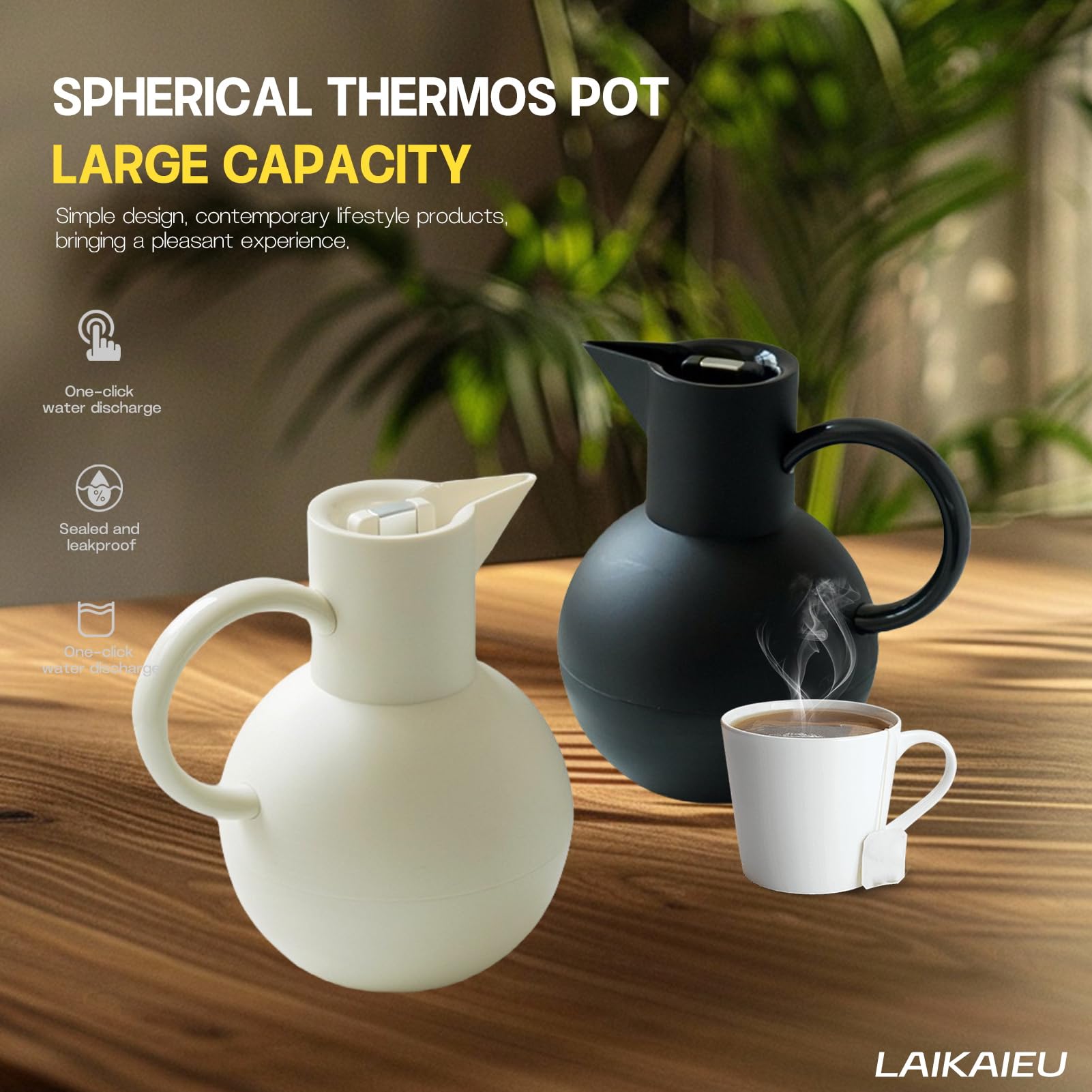Thermoskanne Kaffeekannen Vakuum Isolations, Sphärisches Design, Heißer Und Kalter Teekaffee, Mit Einfachem Sicherheitsschubknopf, Thermosflasche Für Zuhause, Büro, Hotel (Schwarz,1L)