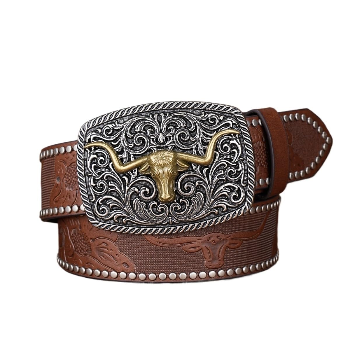 Cintura da cowboy western uomo e donna, con fibbia rettangolare a forma di toro motivo floreale borchie, cinturino in pelle PU