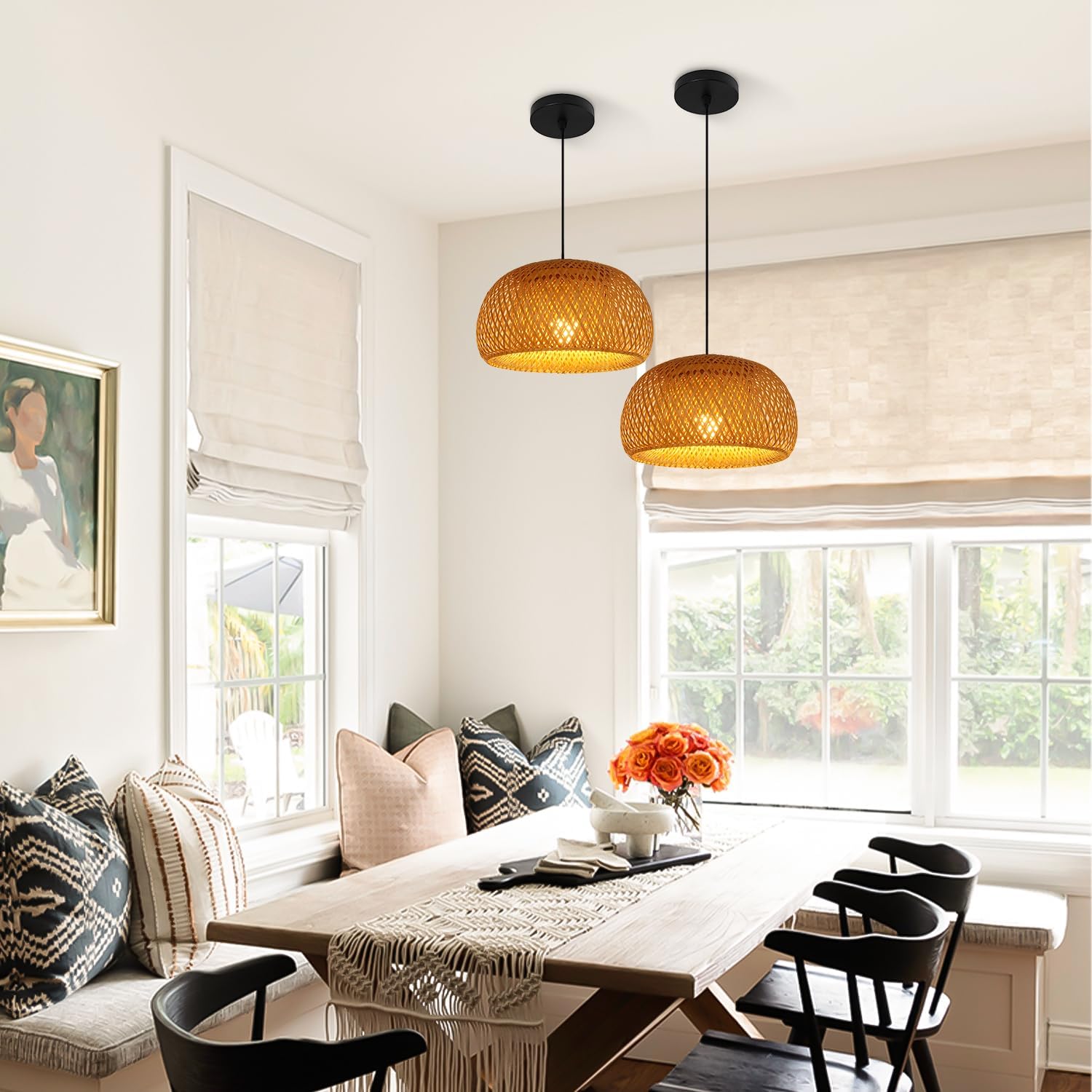 Bamboo Hand-Woven Pendant Light Fixtures 11.8in Farmhouse Rattan Chandelier Coastal Boho Hanging Light One-Light Adjustable Rustic Basket Kitchen Pendant Lighting Over Island Wicker MPL38-30