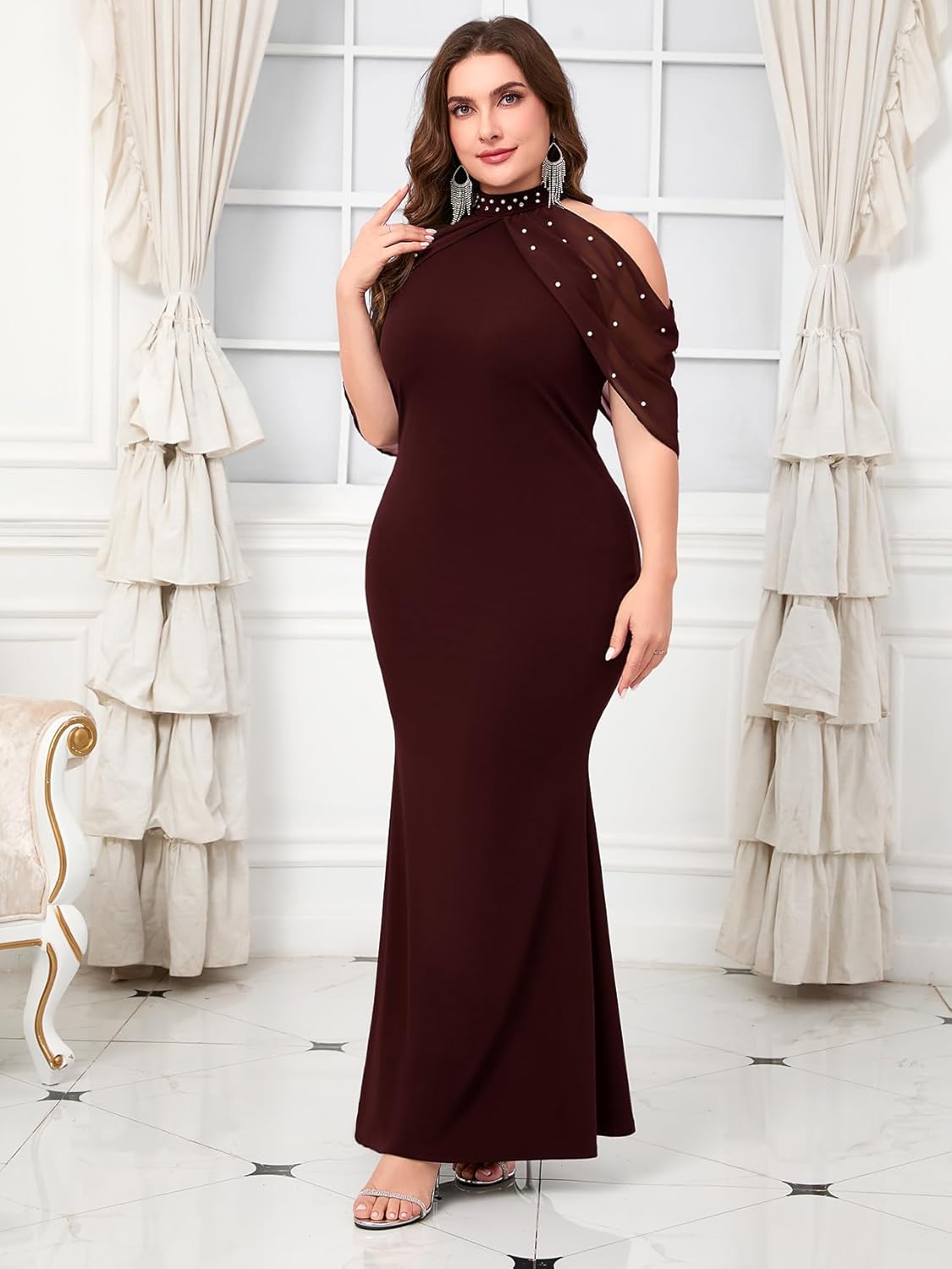 CYCLAMEN Plus Size Evening Gowns with Pearl Rhinestone Cold Shoulder Halter Neck Chiffon Curvy Mermaid Formal Maxi Dress - Image 5