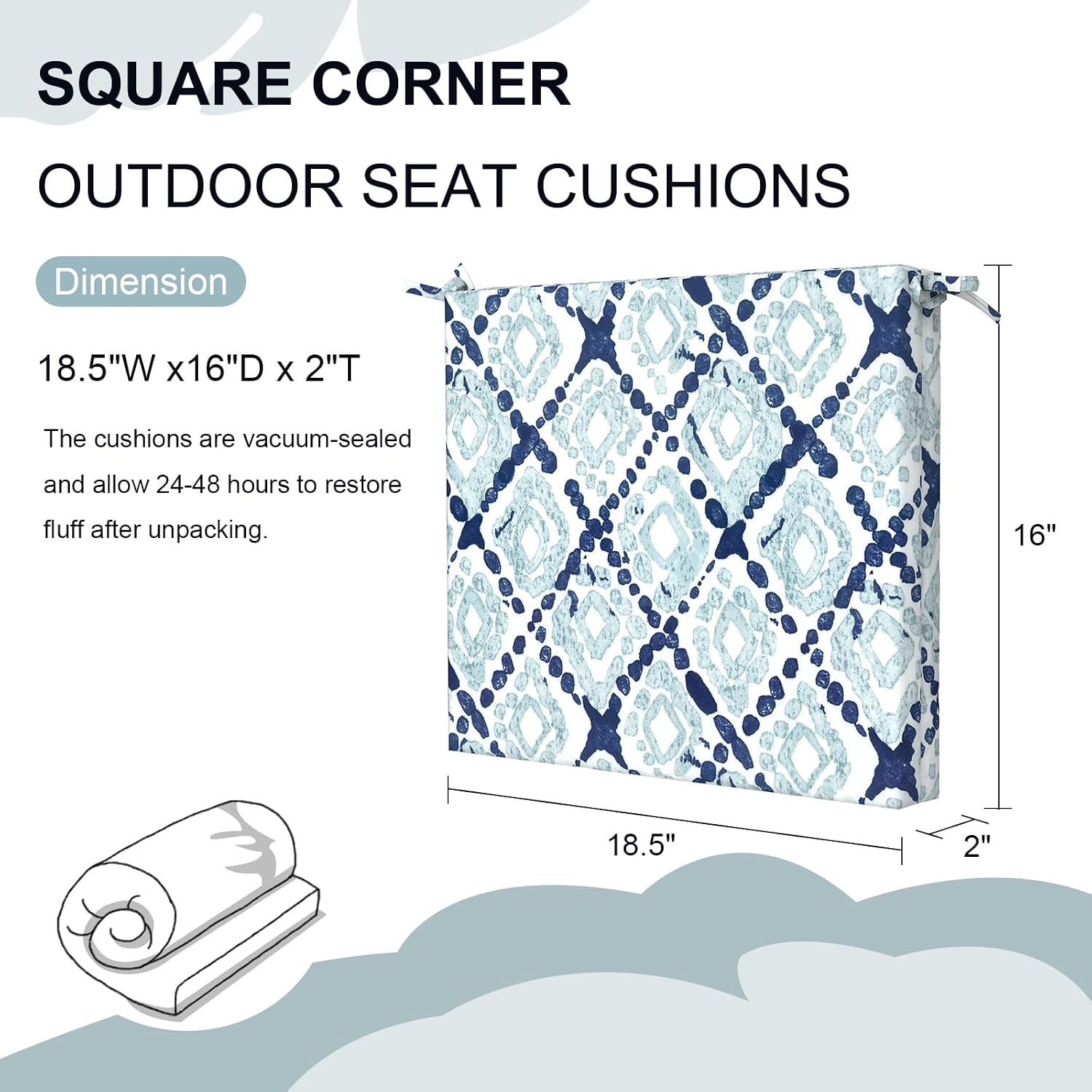 DYTXIII Set of 4 Outdoor Chair Cushions, Water Resistant 18.5"x16"x2" Square Seat Cushion for Patio Dining Chairs, High-Density Replacement Pads for Indoor Outdoor Furniture - Boho Geometry Blue