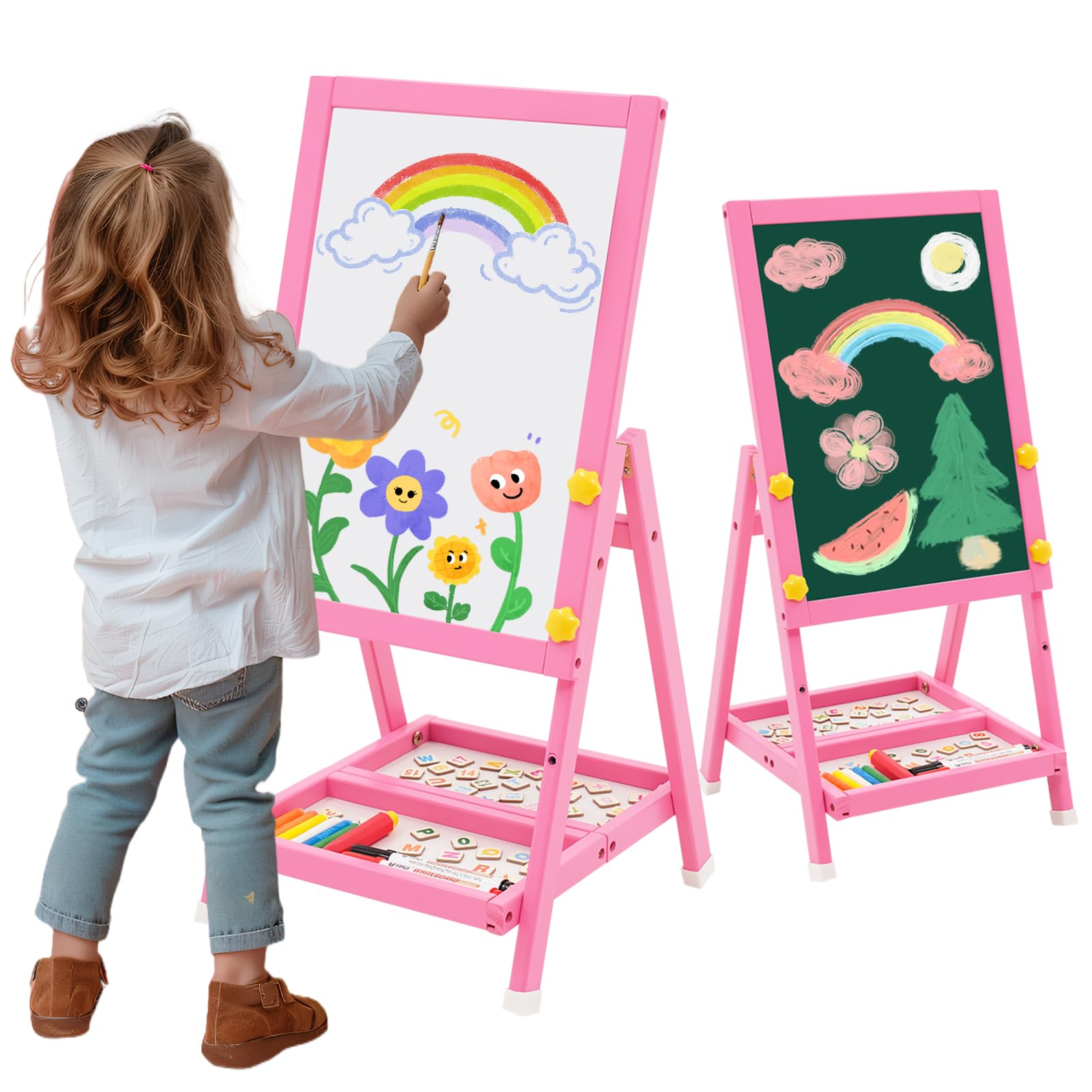 Caballete de Madera para Niños, Art Easel Pizarra Blanca de Doble Cara y Pizarra de Tiza Mini Rosa Caballete Infantil con Números y Otros Accesorios para Niños y Pequeños