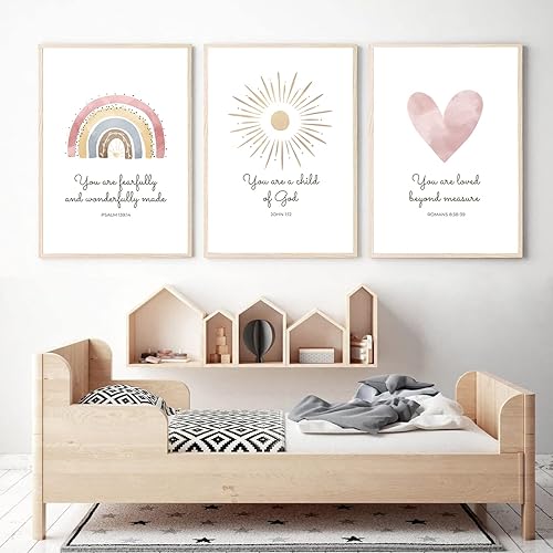 Miniatura 6 de Arte de pared bohemio para guardería, 3 piezas, versículo bíblico, arte cristiano para guardería, arte de pared de corazón, arco iris, sol,