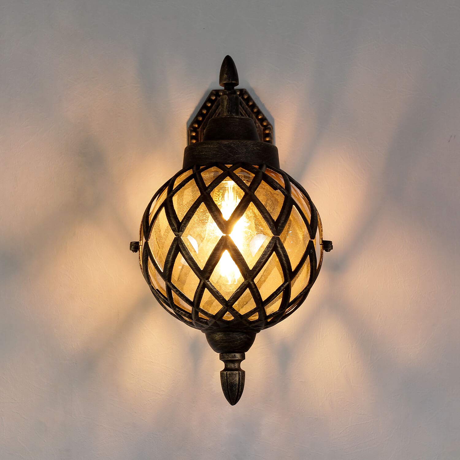 Easylight Lampada da parete da esterno Kairo design retrò in stile rustico a lanterna con forma a sfera bronzo antico IP44 E27 per porta d'ingresso giardino