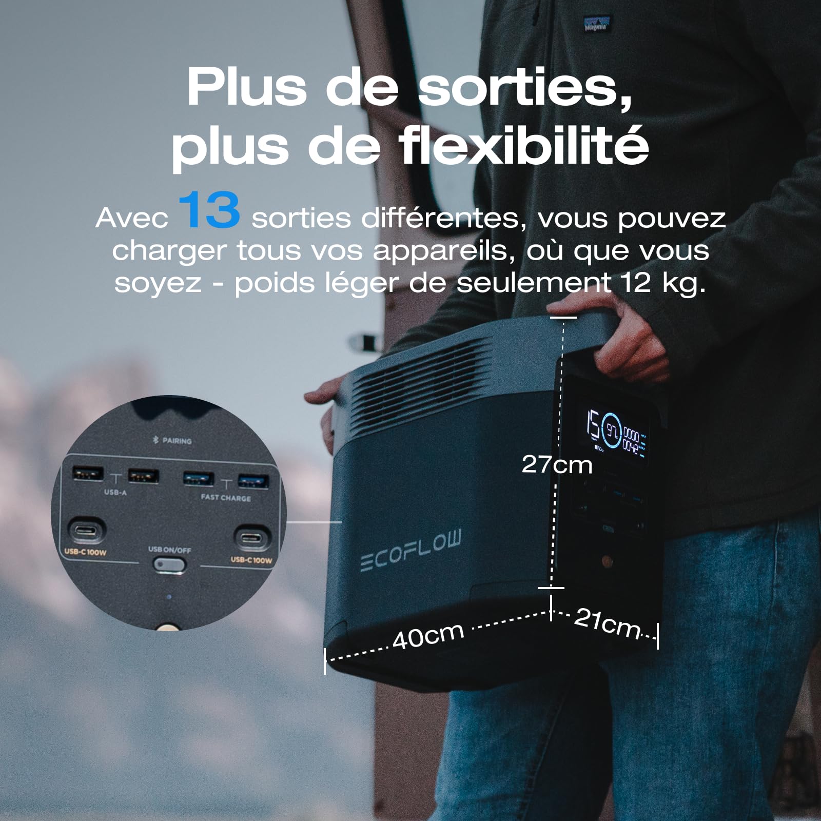 EcoFlow Delta 2 Station électrique Portable, Batterie LFP, Charge Rapide, générateur Solaire pour Alimentation de Secours Domestique, Balcon, Camping et Camping-Cars (Delta 2+Cable)