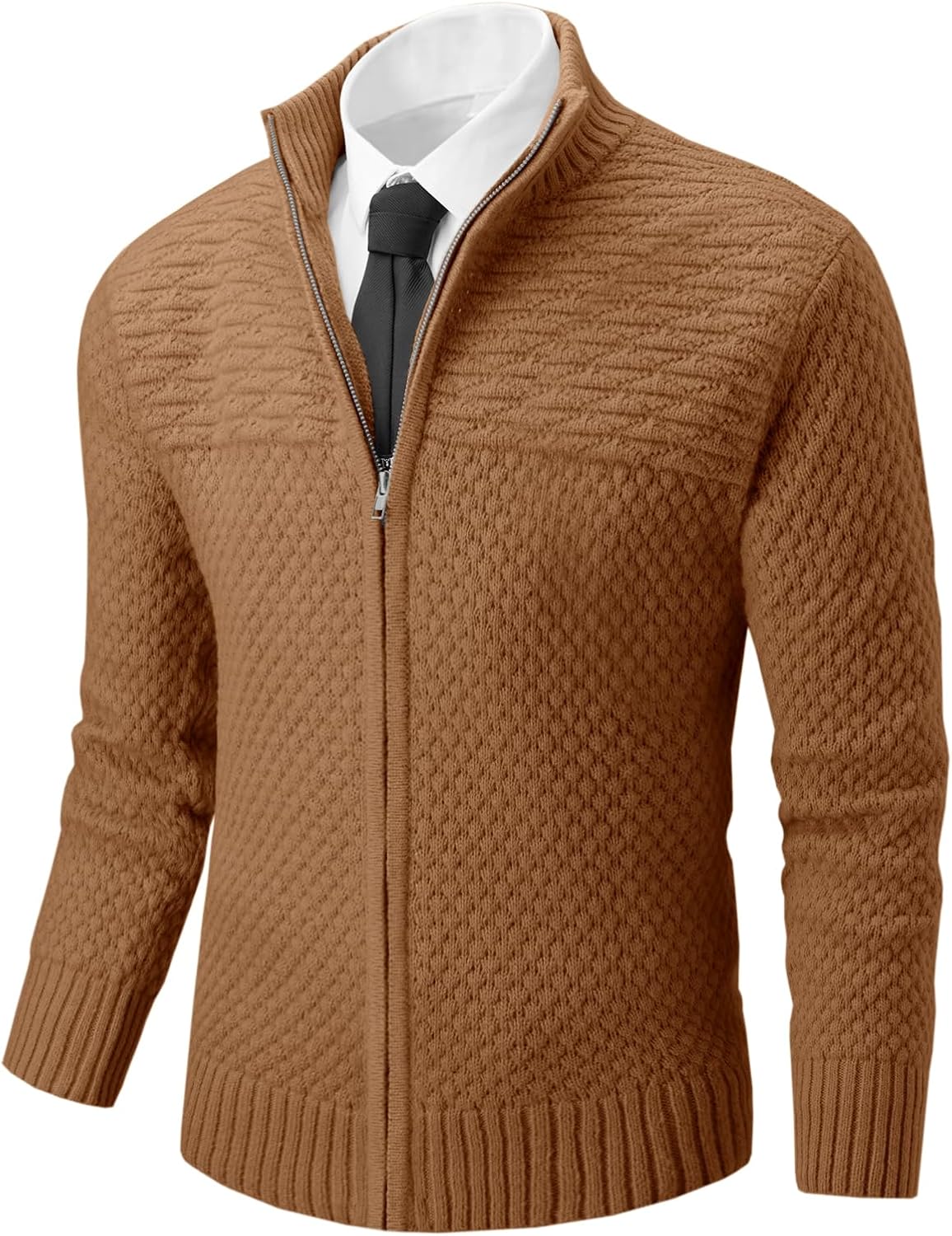 Runcati Mens Zip Up Cardigan Sweater Casual Stand Collar Textured Knit Ribbed Chunky Sweaters