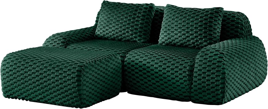 Modern Modular sectional Seating Set Flannelette Fabric Oversized deep seat Boneless Lounge with Movable Ottoman Buckle Connection Nonslip Base Ergonomic Loveseat+1Ottoman,Green