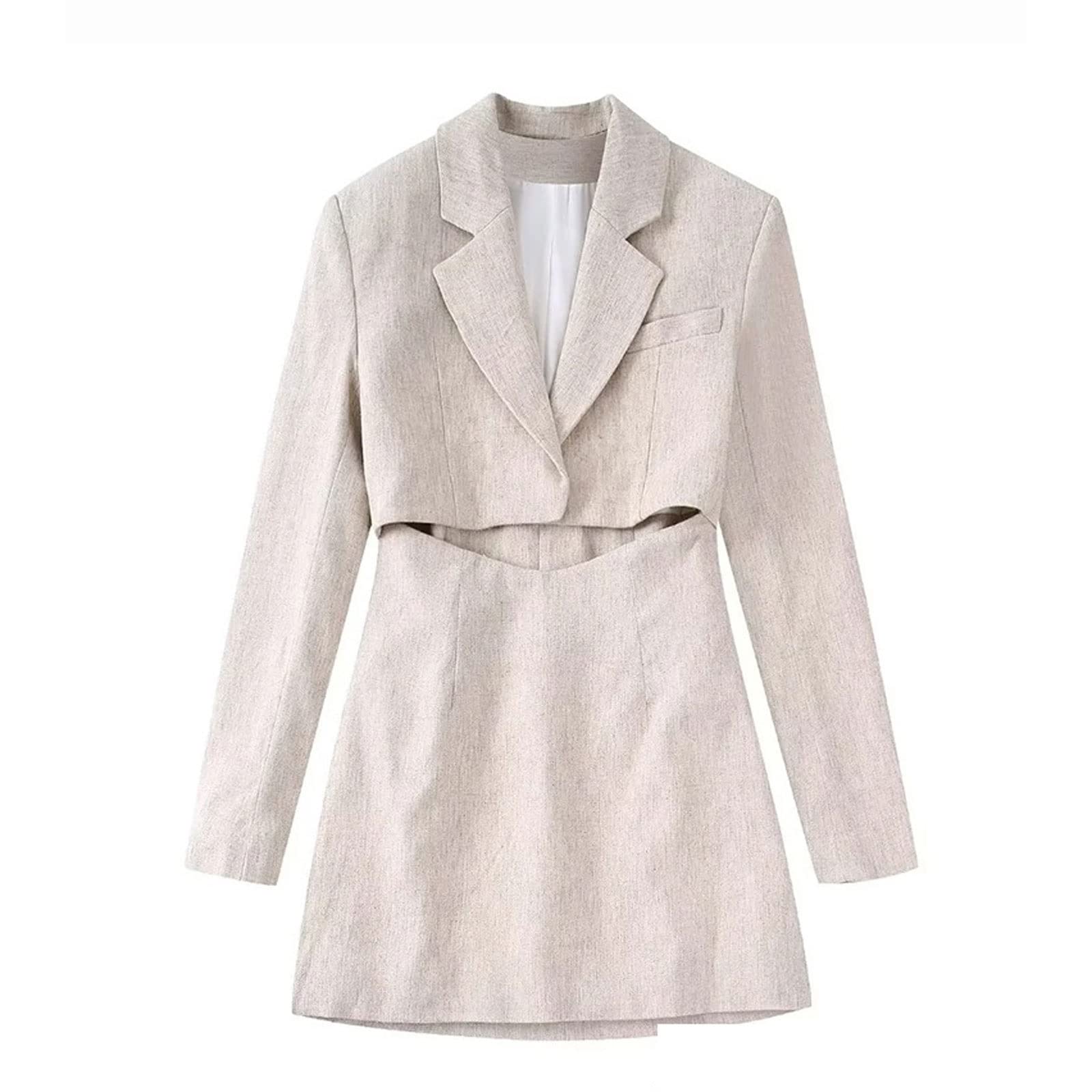 Sukienki damskie vintage beżowa marynarka sukienka damska elegancka sukienka z długim rękawem dekolt w serek pępek odsłonięta biuro pani