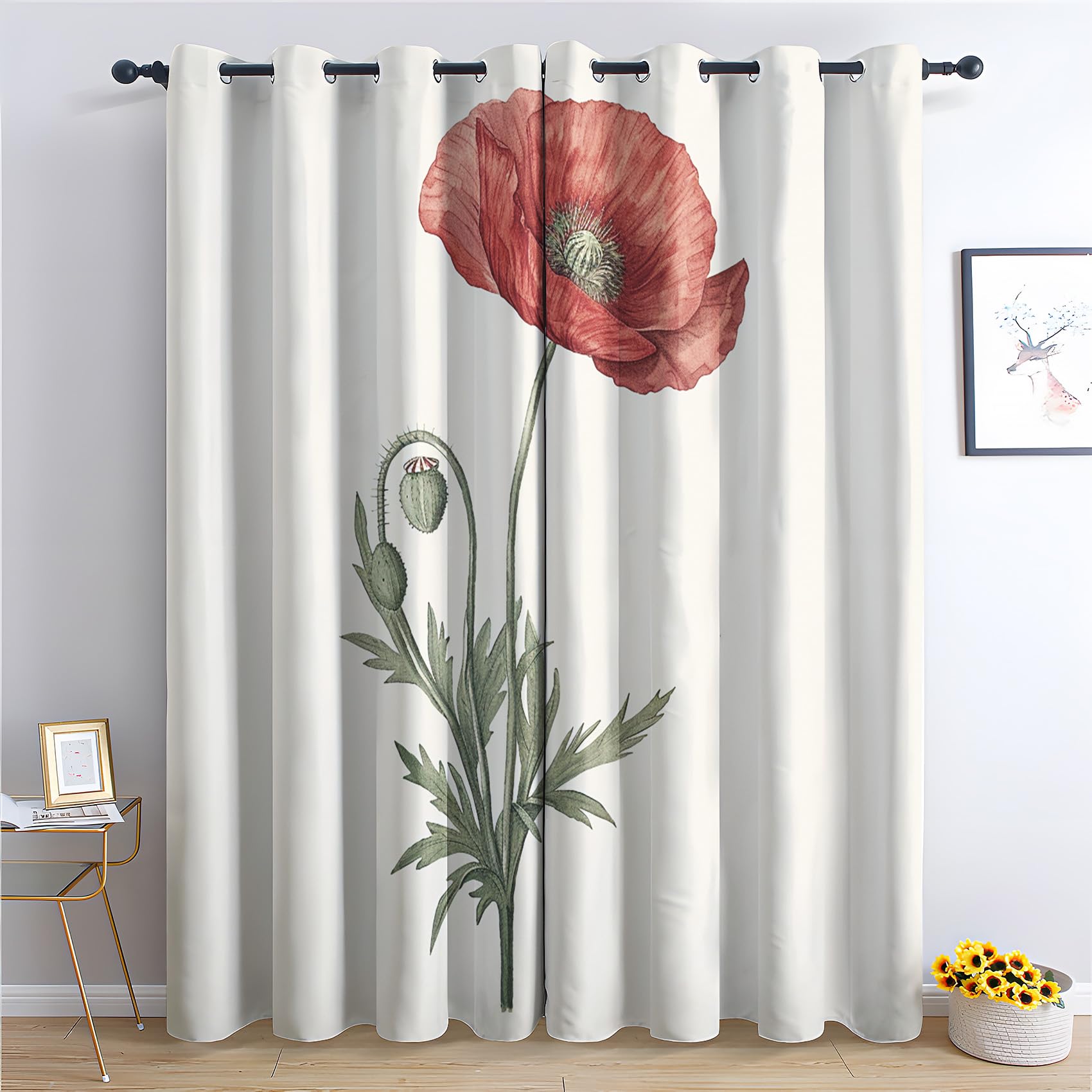 Qtjacryxen Poppy Flower Blackout Curtains 45 Inch Length, Botanical Curtains for Bedroom Living Room Decor, Floral Black Out Grommet Window Drapes 38