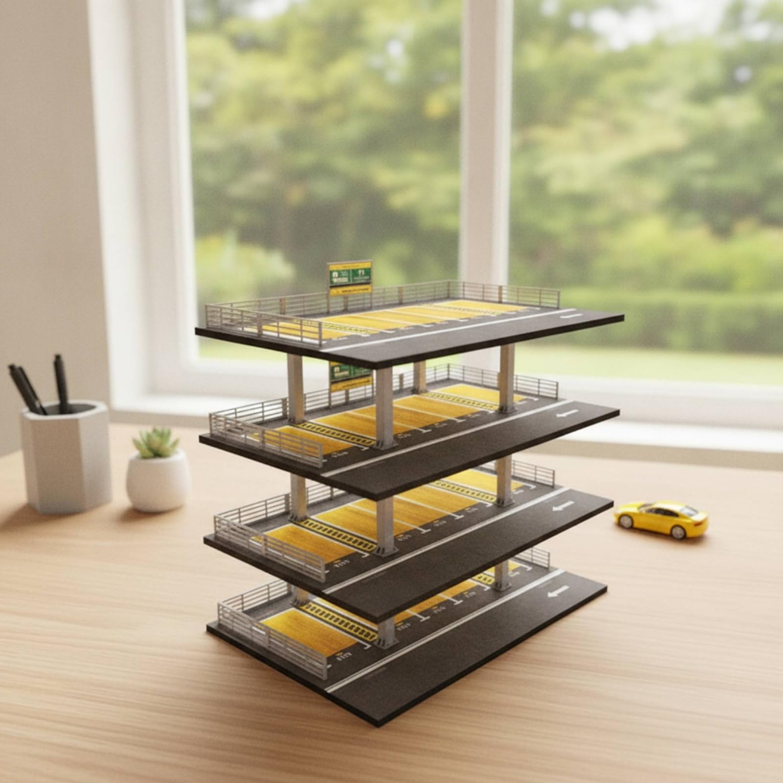 harayaa Parcheggio Multipiano in Miniatura con Struttura in Acciaio per Modellini Auto Die-Cast con Segnaletica Stradale Stampata per Collezione da Esposizione da Scrivania per Hobbisti