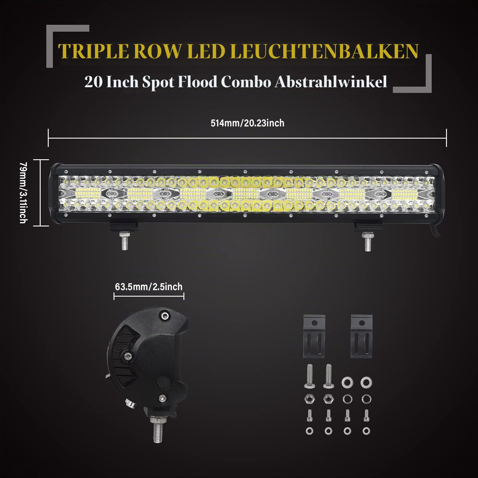 SKYWORLD 50.8 cm 420W LED Arbeitsscheinwerfer Bar 12V 24V Spot-Flood-Kombistrahl Zusatzscheinwerfer LED-Lichtleiste mit schwarzer Kennzeichenhalterung Kabelbaum-Kit für LKW PKW ATV SUV 4x4 LKW Coche | Dreireihige Spot Flood Led Lichtleiste Zusatzscheinwer