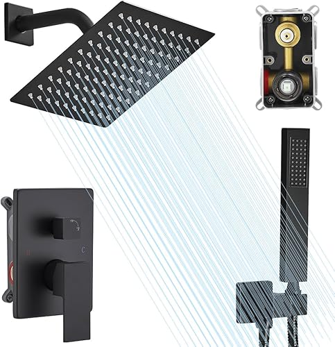 Miniatura 9 de Juego de grifo de ducha, sistema de ducha de lluvia, color negro mate con cabezal de ducha de alta presión de 8 pulgadas, cabezal de ducha cuadrado