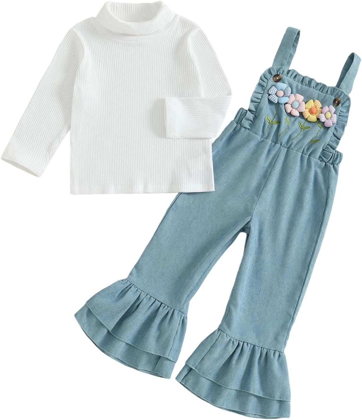 Kids Girls Outfit Long Sleeve Crew Neck T-shirt With Flower Overalls And Hat Fall Outfit Kids Girls Outfit Long Sleeve Crew Neck T-shirt With Flower Overalls And Hat Fall Outfit