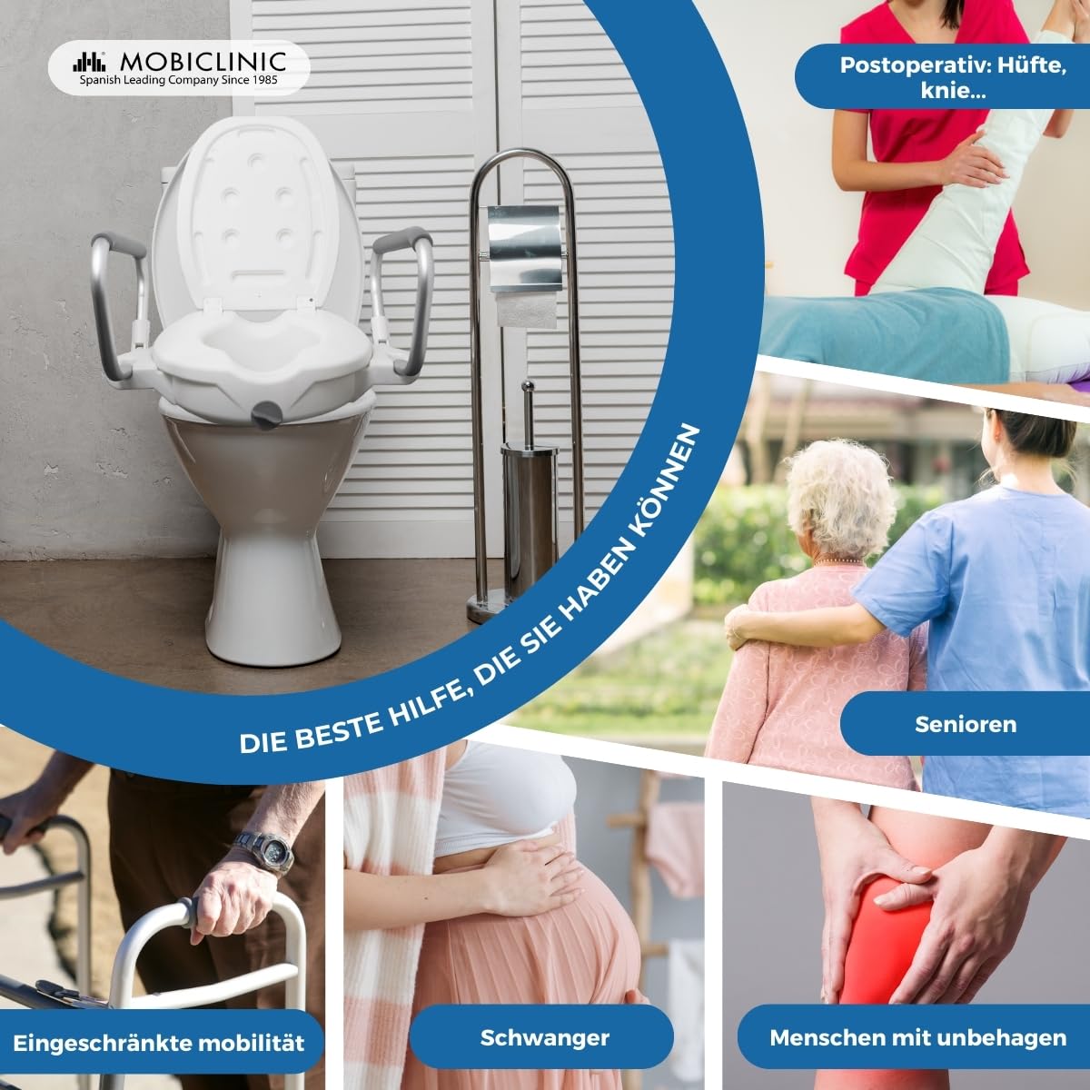 Mobiclinic®, Toilettensitzerhöhung, 17cm, Mit klappbaren, Gepolsterten armlehnen und Deckel, Passend für ovale toiletten, Ergonomisch, Leicht, Sicher, Europäische Marke, Modell guadiana