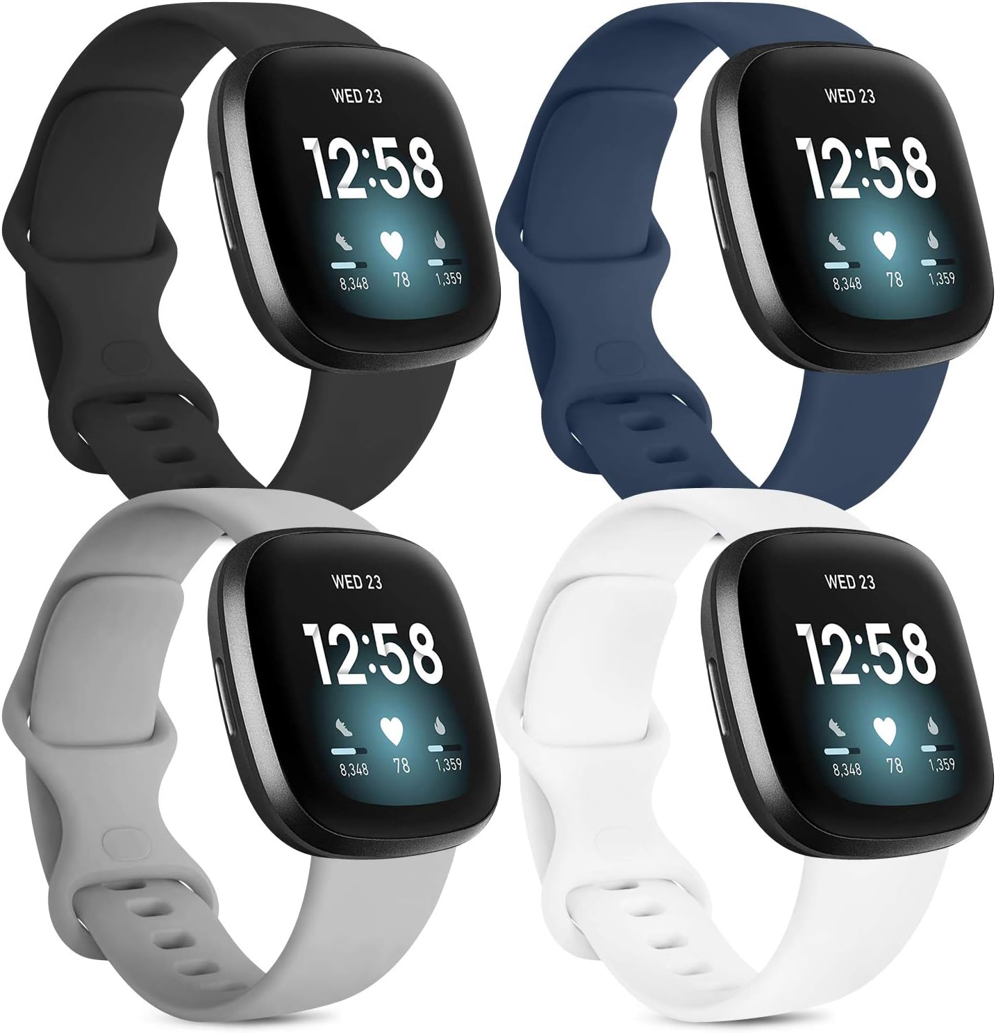 Oumida [4 Pack] Bands Compatible with Fitbit Sense and Fitbit Versa 3 Bands for Women Men, Soft Silicone Wristbands for Fitbit Versa 3 / Fitbit Sense (Small, Black, Navy Blue, Grey, White)