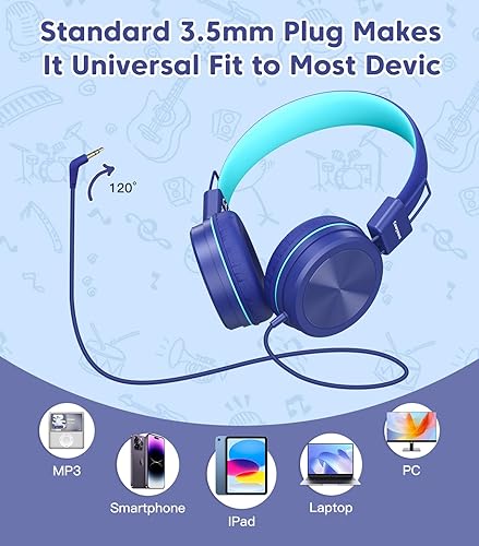 Miniatura 7 de Auriculares para niños, auriculares para niños pequeños con limitador de volumen seguro de 94 dB, auriculares escolares con cable para niños,