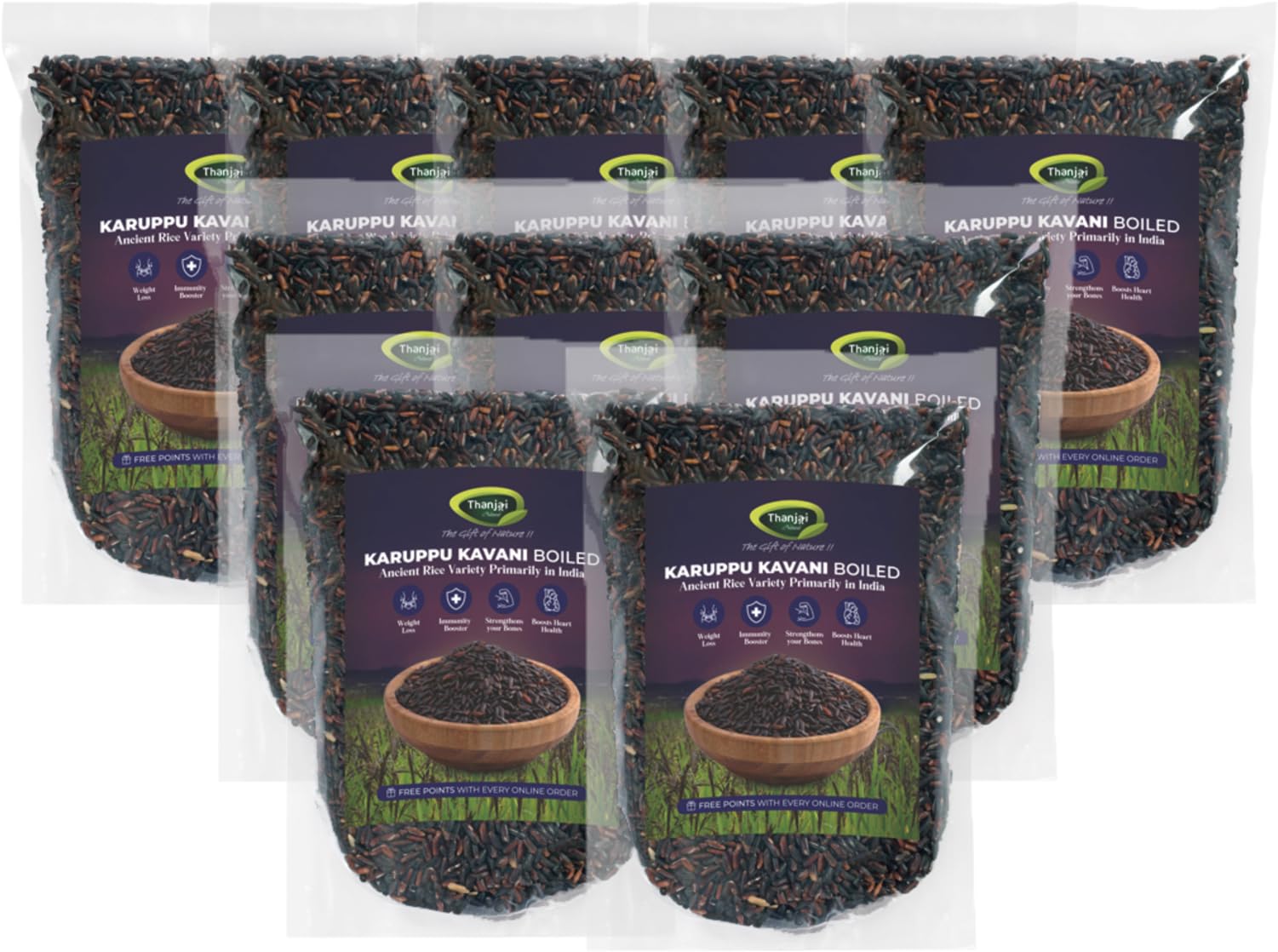 Thanjai Natural 10kg Karuppu Kavani Boiled Rice (Black Rice) Pure Traditional Method Farmed Rice, (1kg x 10)