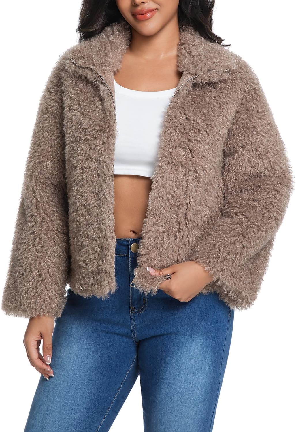 HOOD CREW Women's Faux Fur Long Sleeve Fleece Cropped Jacket Open Front Shaggy Warm Short Fall Winter Outerwear Coat - Image 2
