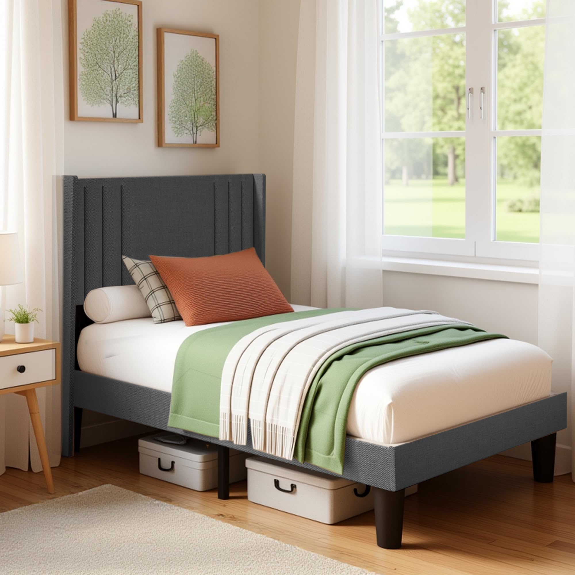 Lit capitonné 90x200 cm, Cadre de Lits avec tête de lit et sommier à Lattes, en Tissu Solide, Cadre de lit rembourré, pour Adolescent et Chambre d'amis, Gris Foncé