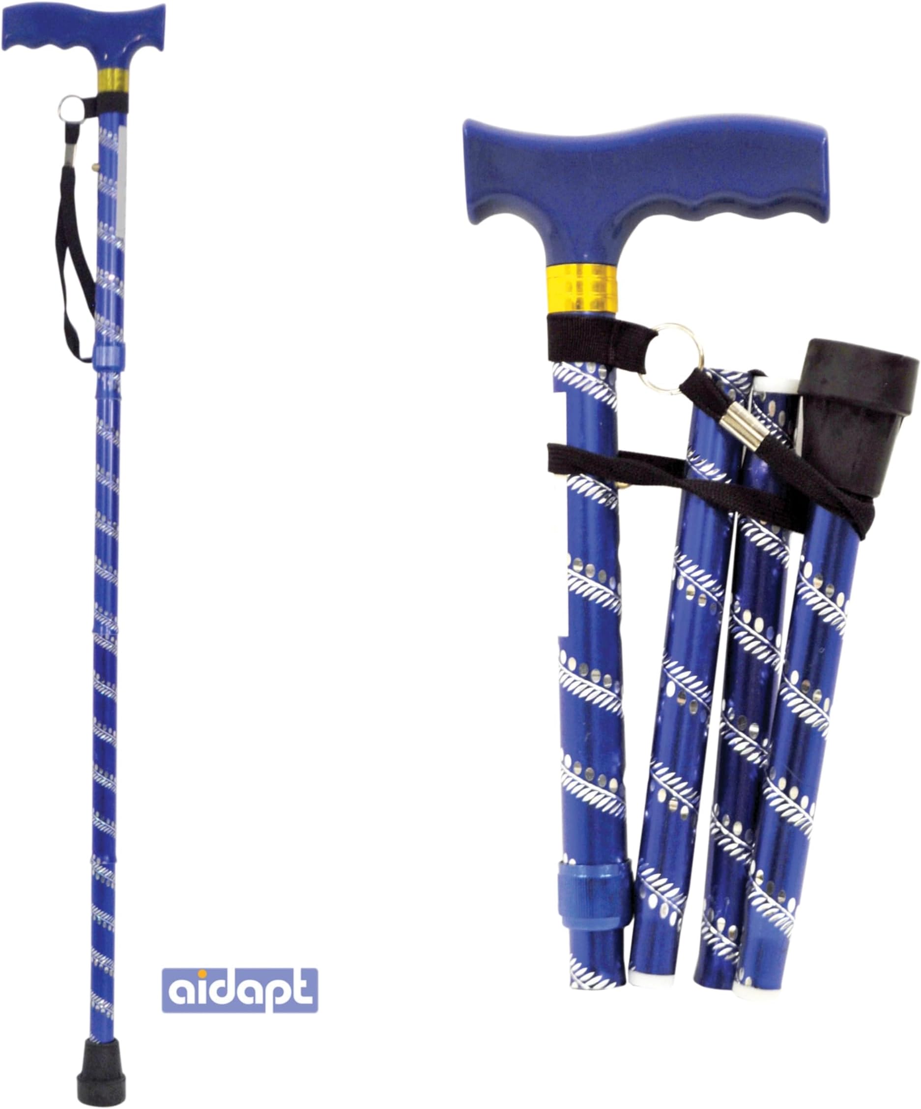 Aidapt Patterned Fold Down Adjustable Height Lightweight Walking Stick with Anti Slip Ferrule Foot to Aid Stability and Confidence when Walking Supplied with a Hanging Carry Strap and Wood Handle