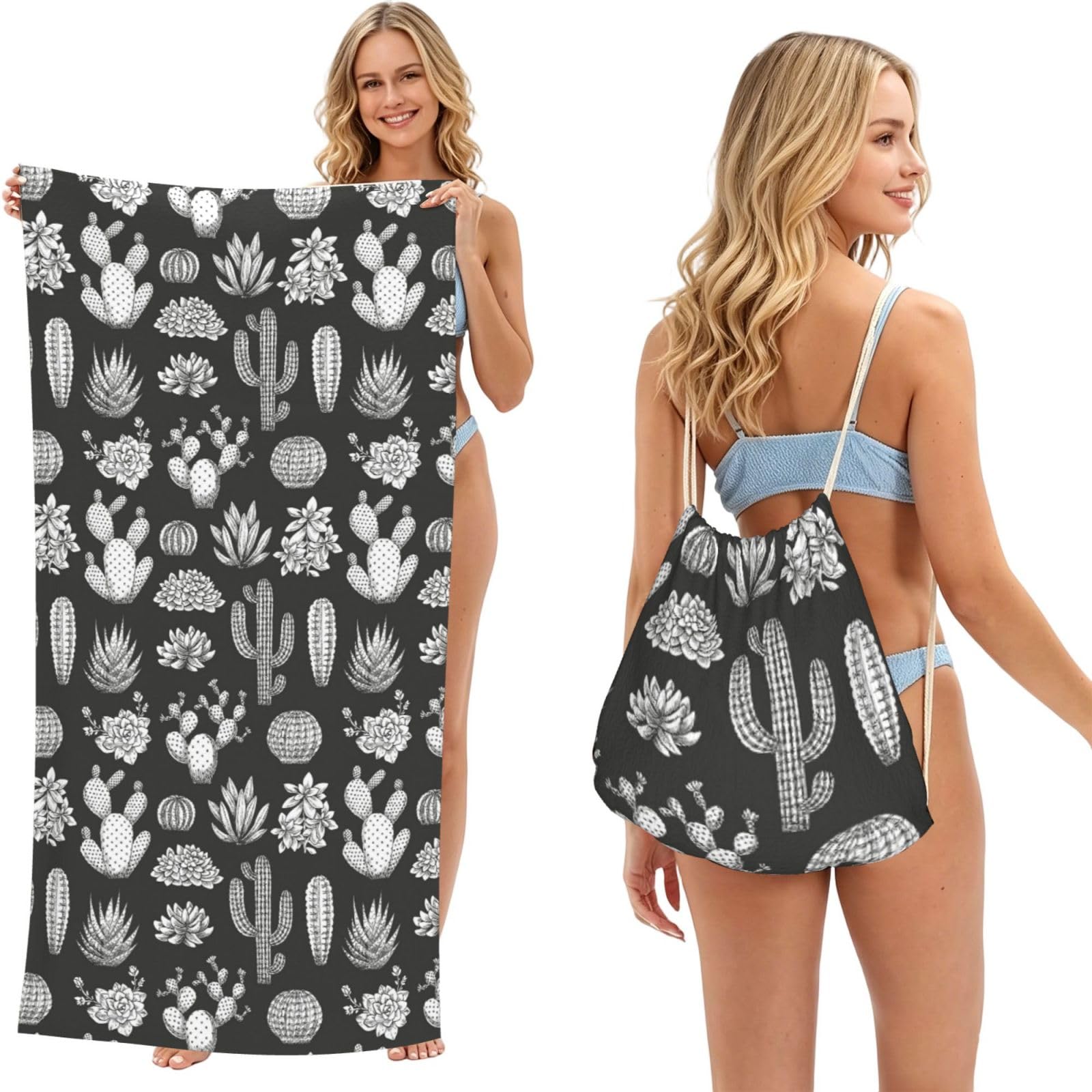 Poadnly As Picture Cactus Printing, 2 In 1 Packable Towel Bag, Beach Towels With Drawstring Backpack For Travel Holiday Camping