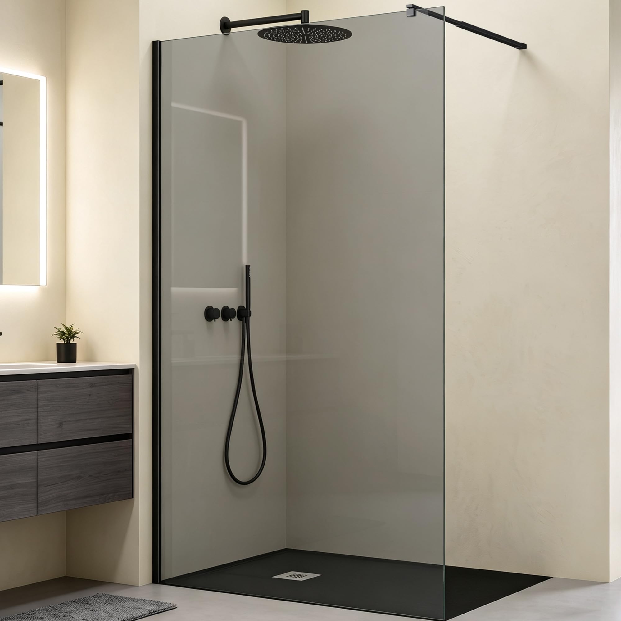 Mai & Mai Box Doccia Walk-In 140x200cm, Parete Doccia in Vetro Grigio 10mm Vetro di Sicurezza ESG con 2 Bracci Sostegni Telescopici MMBR3 Nero