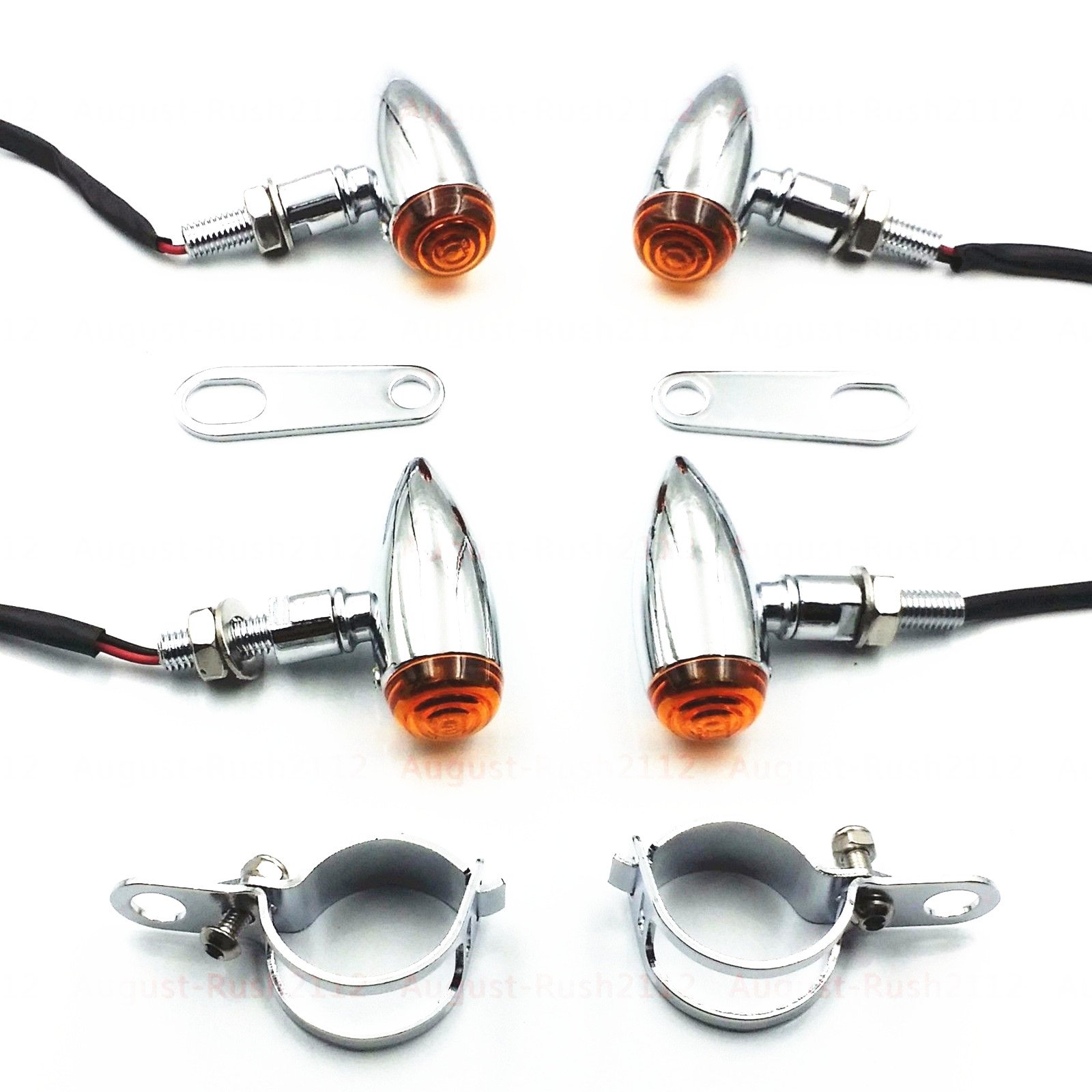 33-41mm 39mm 41mm Motorcycle Mini Bullet Turn Signals Indicator Light Lamp + Fork Clamps For Harley Honda Triumph Cruiser Old School Bobber Cafe Racer Vintage Retro (Chrome)
