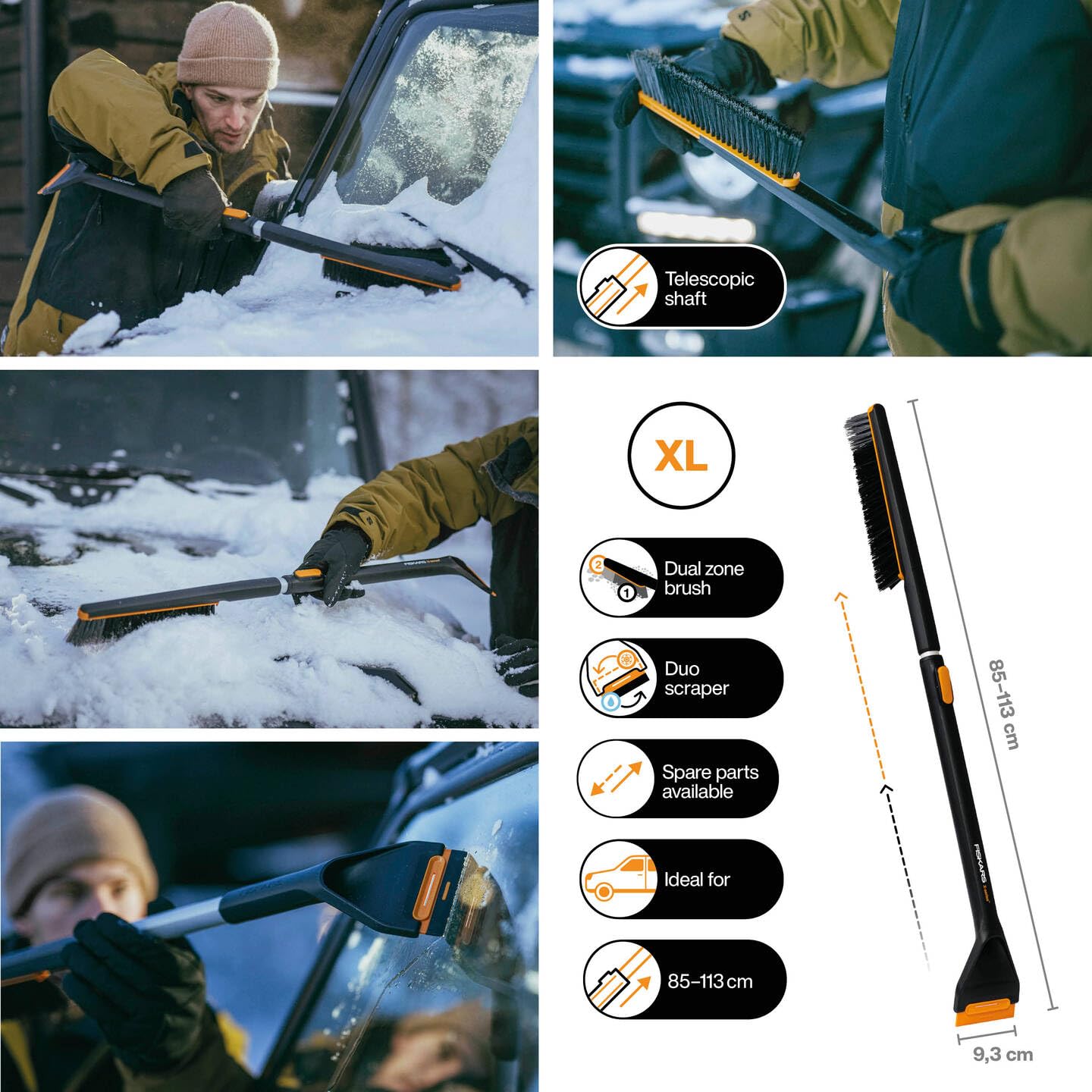 Fiskars X-Series Spazzola Telescopica e Raschietto per Ghiaccio, 85-113 cm, Accessorio Auto