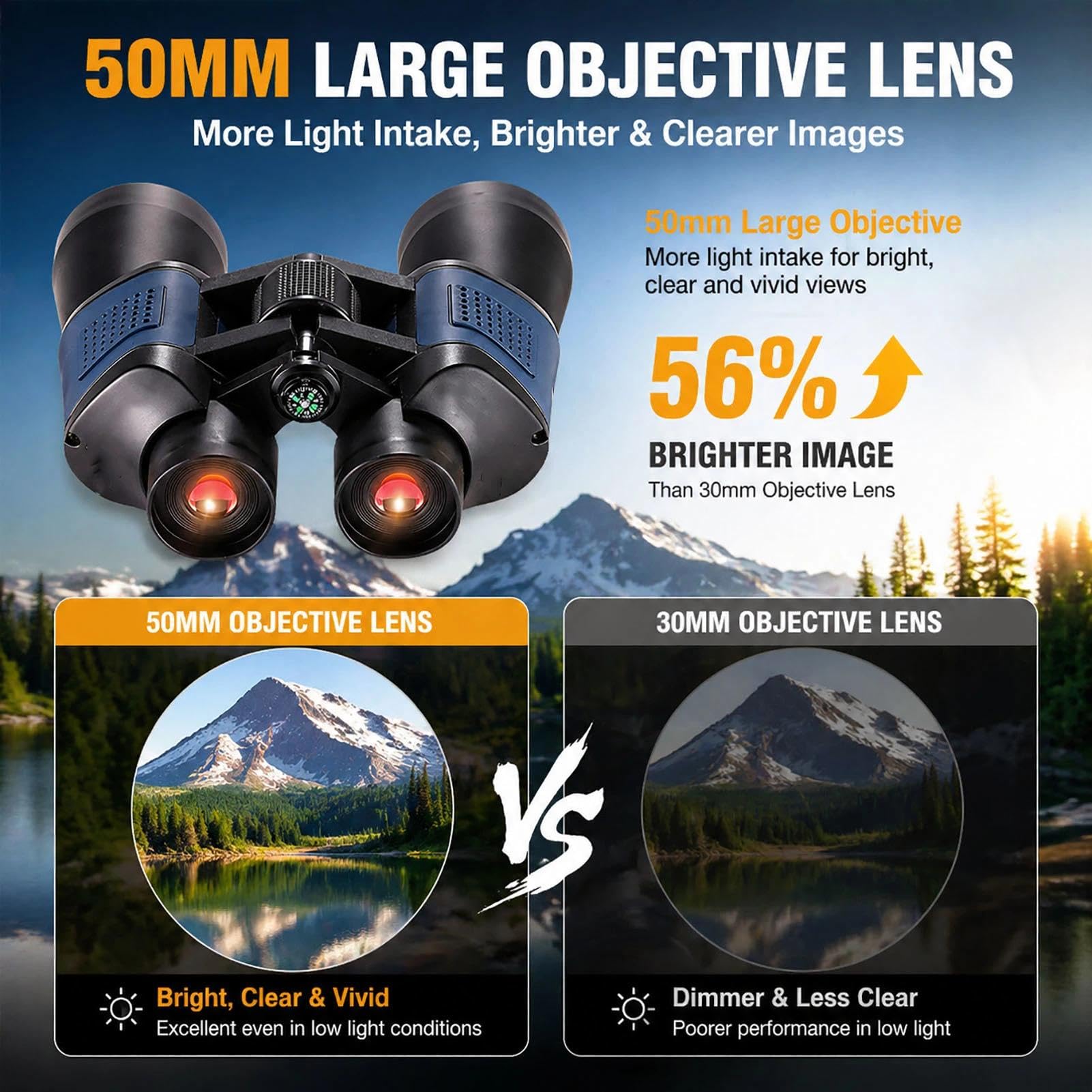 Jumelles grossissantes x 10 avec objectif de 50 mm avec prisme BAK4, compactes et légères pour observation des oiseaux, chasse, voyage, tourisme, concert