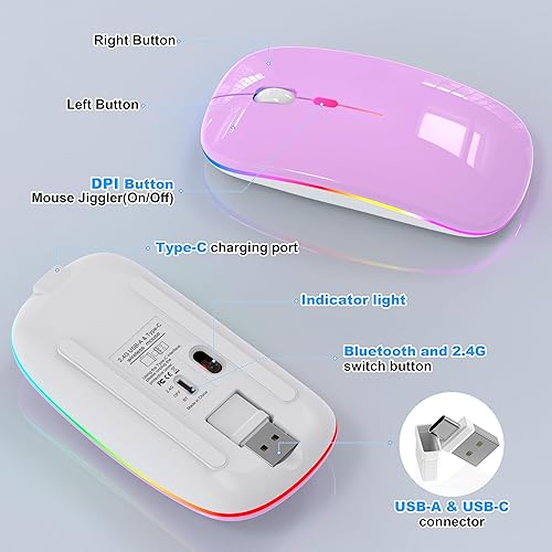 Miniatura 8 de Ratón inalámbrico LED  Ratón inalámbrico Bluetooth RGB para MacBook Pro Air Mac iPad portátil, silencioso óptico recargable USB C ratones con modo