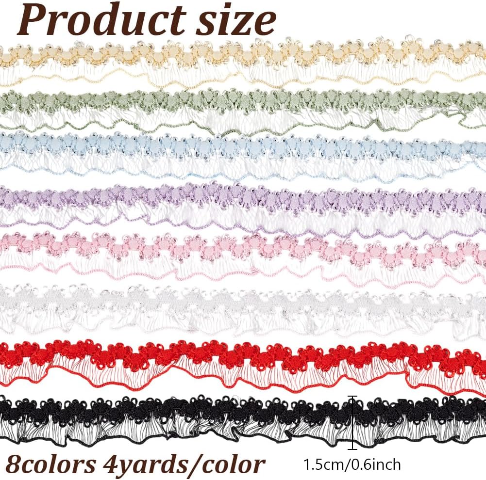 32 Yards(29.2m) 8 Colors Elastic Ruffle Ribbon for Sewing, 15mm Wide Nylon Stretch Lace Trim Webbing Crocheted Lace Cord Ribbon for Wedding Garment Choker Curtain Edge