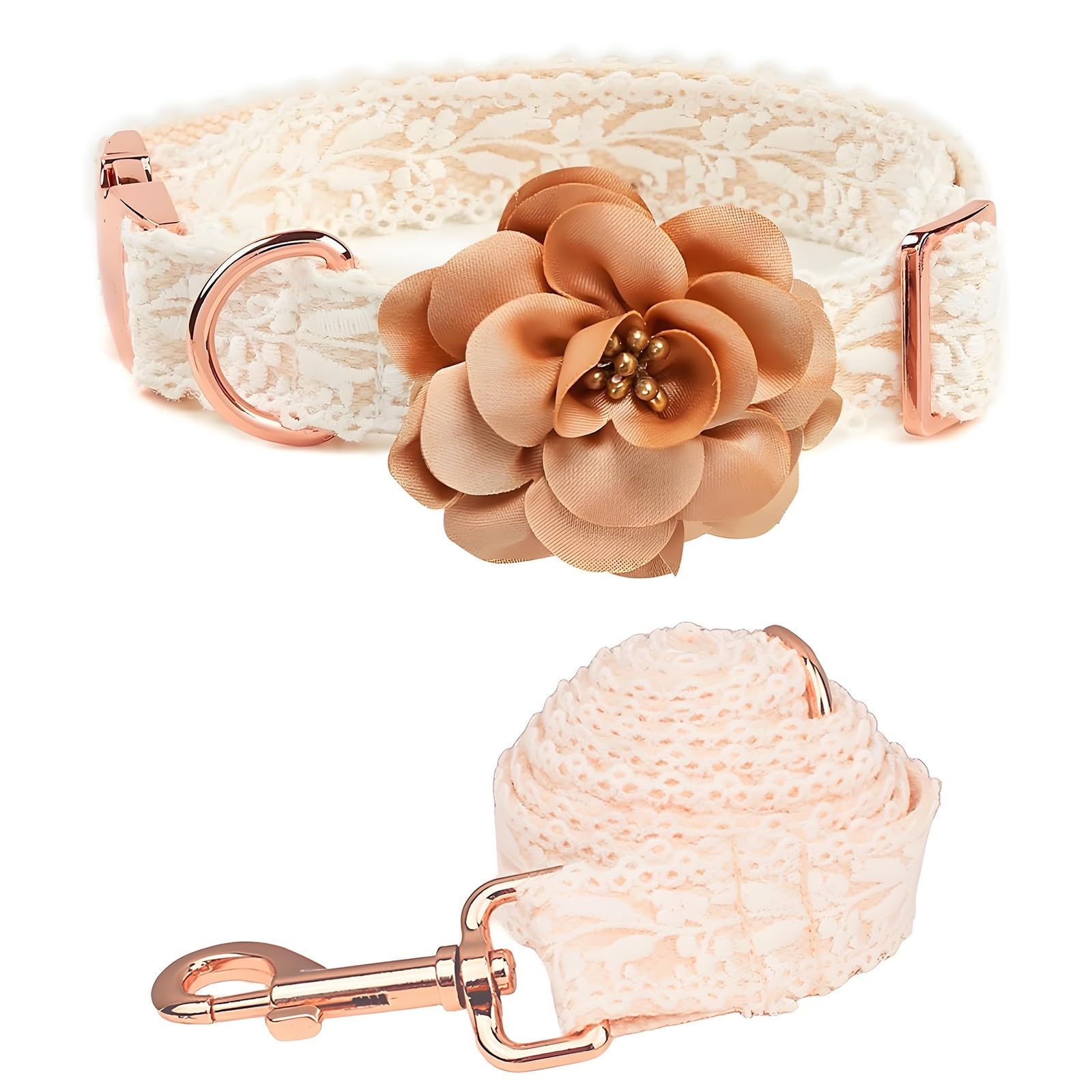 Floral Lace Dog Collar and Leash Set, Adjustable Embroidered Girl Dog Collars with Metal Buckle Fashion Pet Wedding Birthday Outfit for Medium Large Female Dogs(Beige,S)