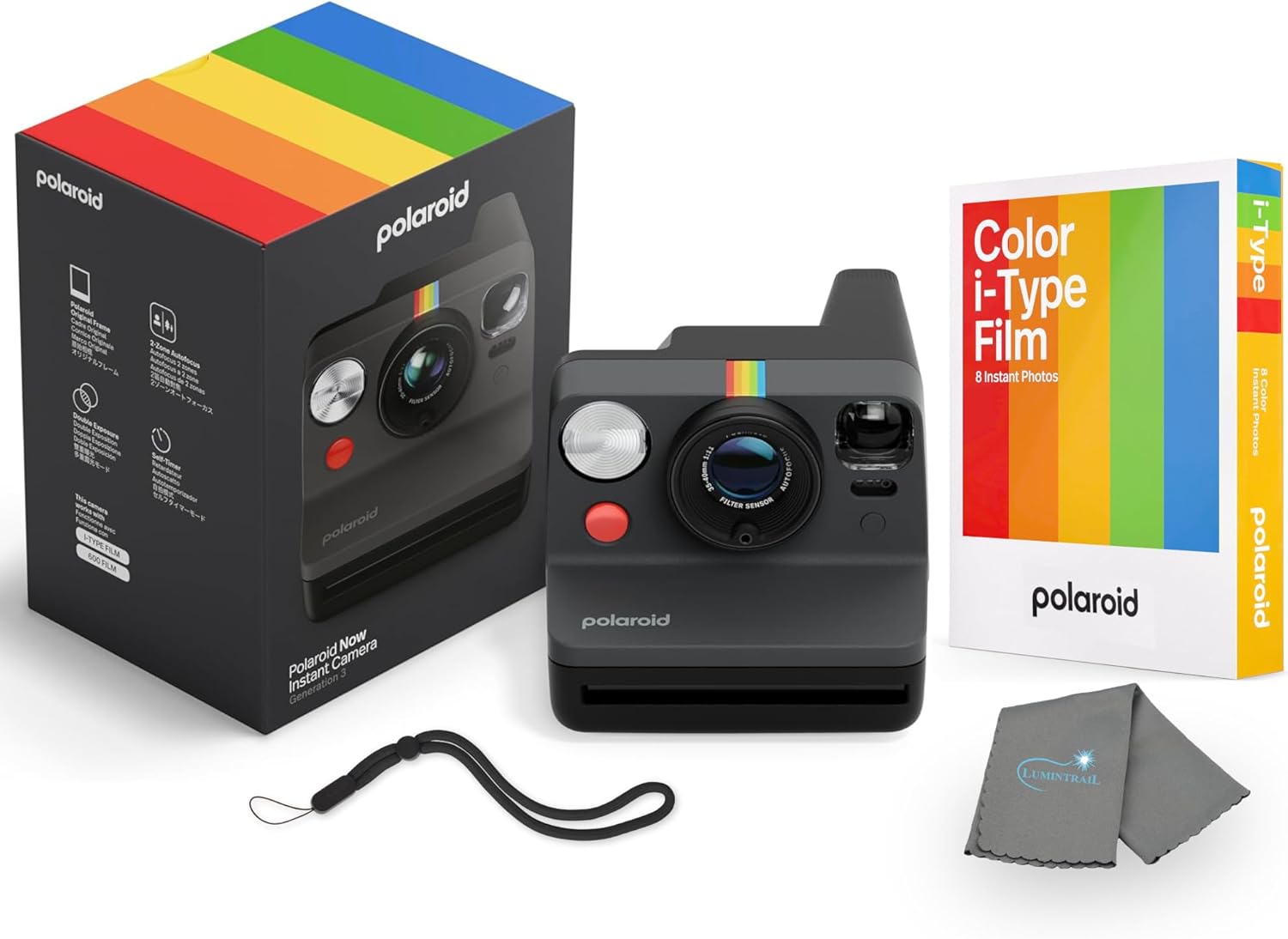 Polaroid Now 3rd Generation i-Type Instant Camera + 8 i-Type Color Film Bundle, Black, Polaroid Camera Bundle with a Lumintrail Lens Cleaning Cloth