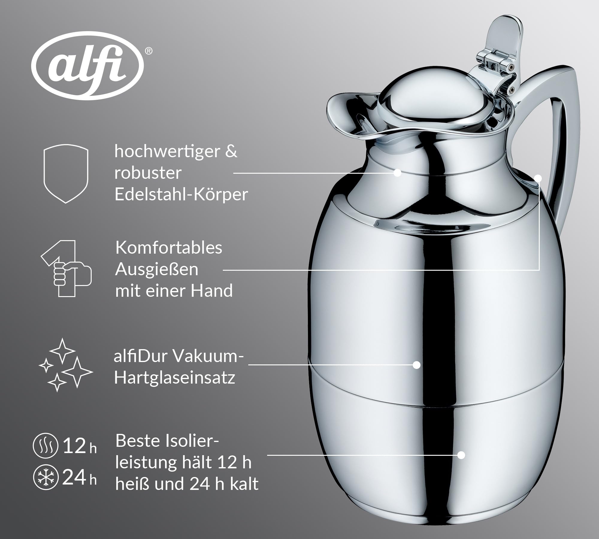 alfi JUWEL 1,0l, silber chrome plated, elegante Isolierkanne mit Hartglaseinsatz, 12h heiß & 24h kalt, ideal als Kaffeekanne, Teekanne