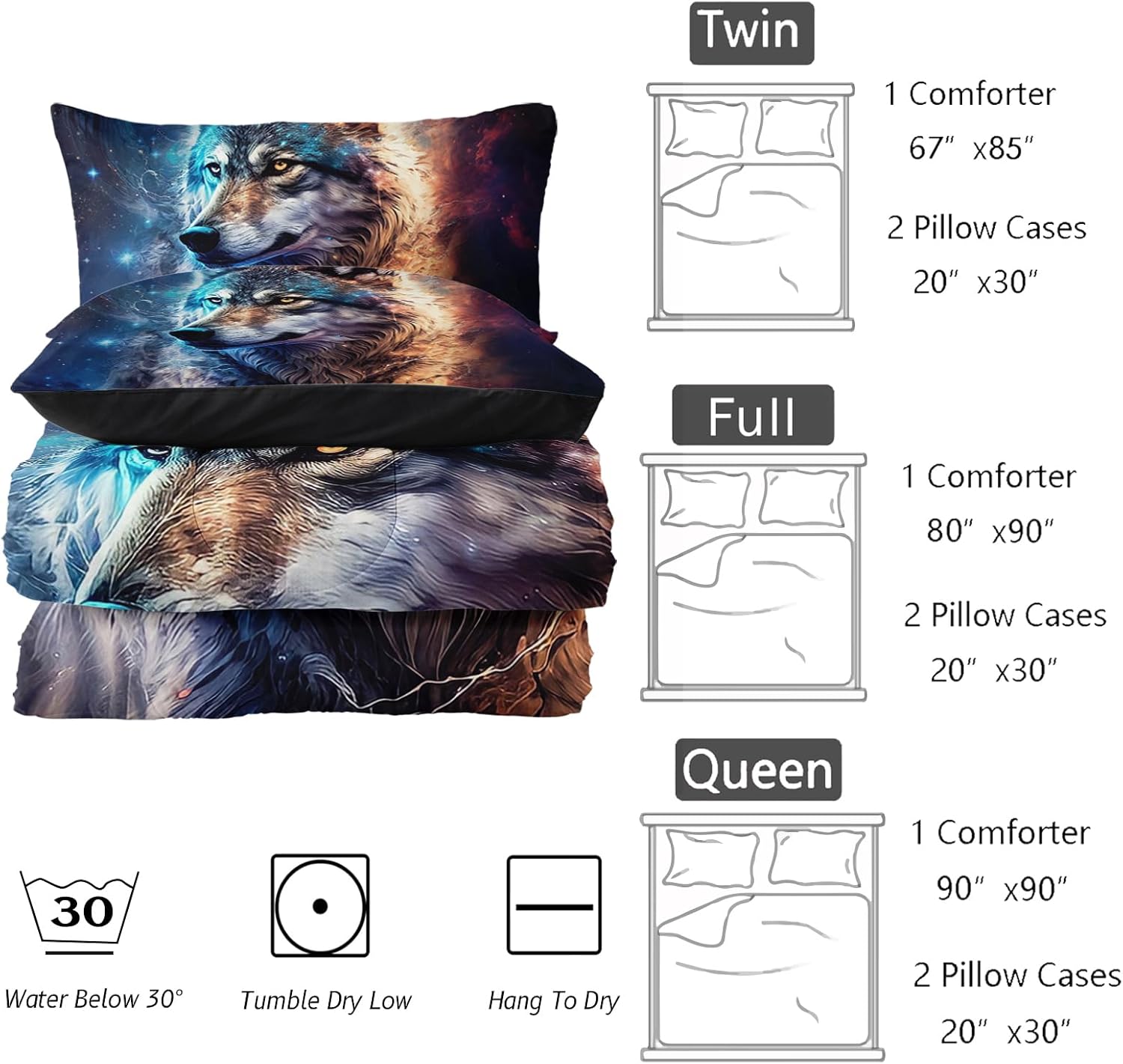 Galaxy Wolf Comforter Set Twin Size for Adults 3Pcs,Moon Night Wild Animal Bedding Comforter Set Soft Warm Comforer for All Season Room Decor with 1 Comforter and 2 Pillow Case