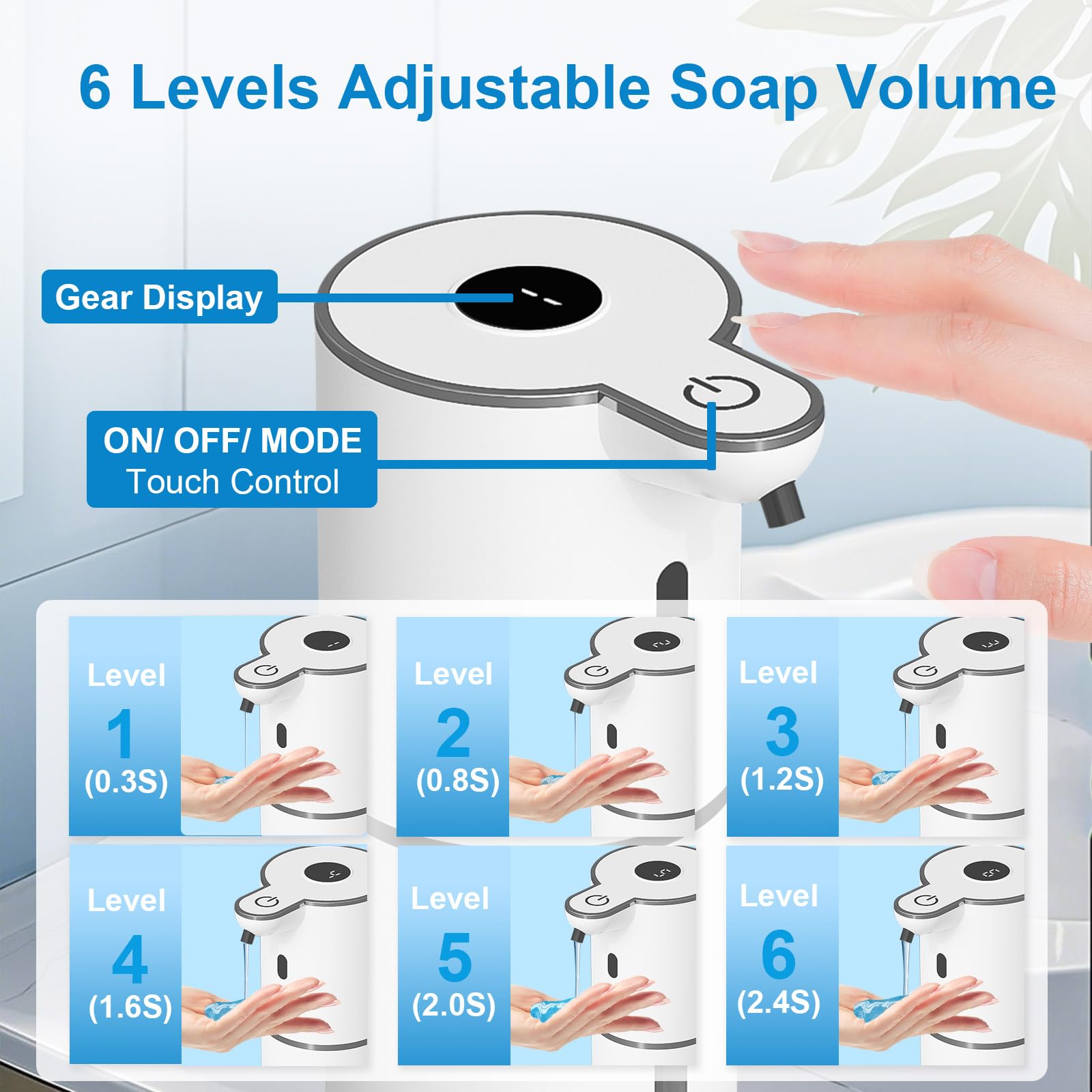 Dispenser automatico di sapone liquido, dispenser di sapone per le mani touchless, dispenser elettrico ricaricabile USB da 380 ml, impermeabile IPX5, montaggio a parete, 6 livelli regolabili