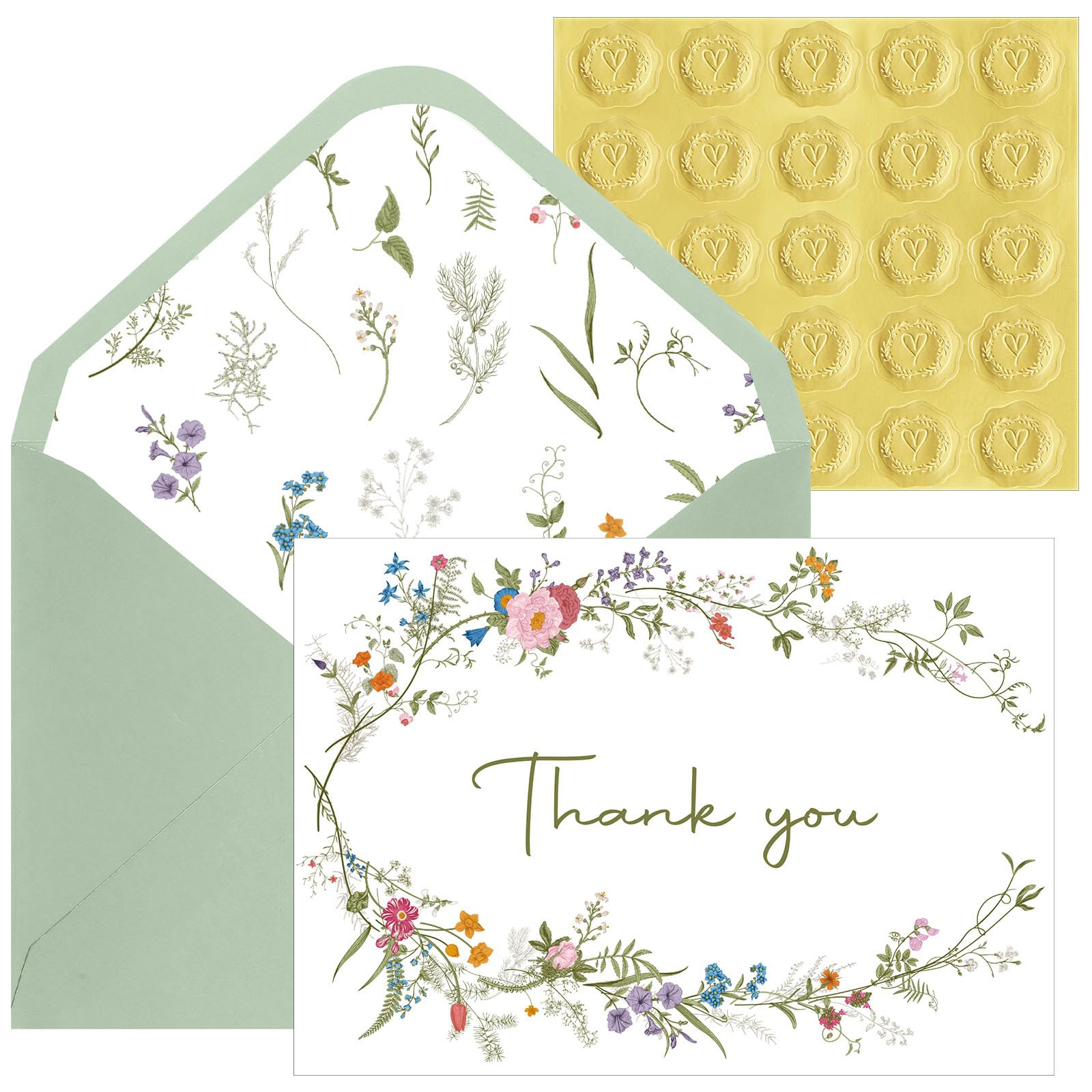 Motiskyy 50 Pack Baby Shower Wildflower Thank You Cards with Sage Green Envelope & Foil Sticker Wedding Baby Shower Thank You Notes for Birthday